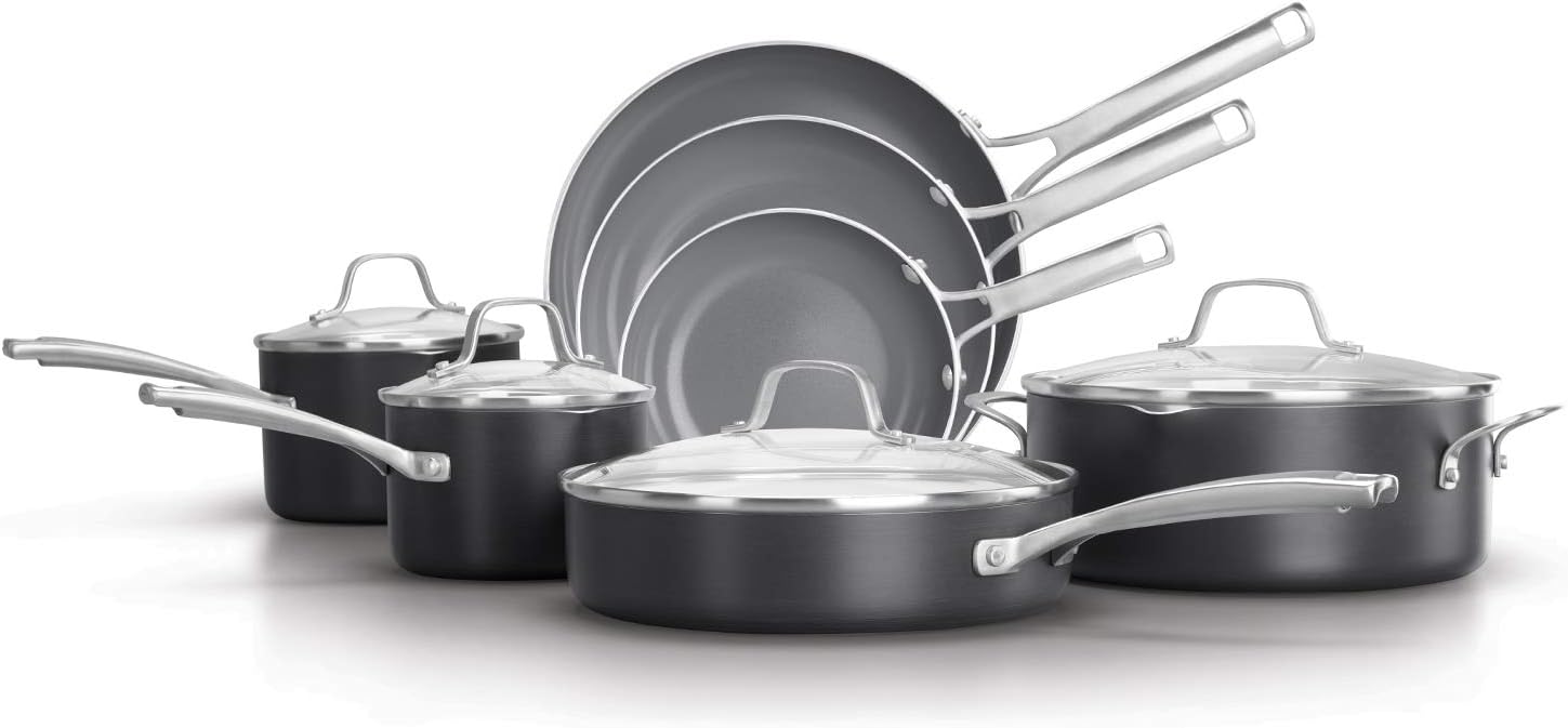 Calphalon 11-Piece Pots and Pans Set. Oil-Infused Ceramic Cookware with Stay-Cool Handles. PTFE- and PFOA-Free. Dark Grey