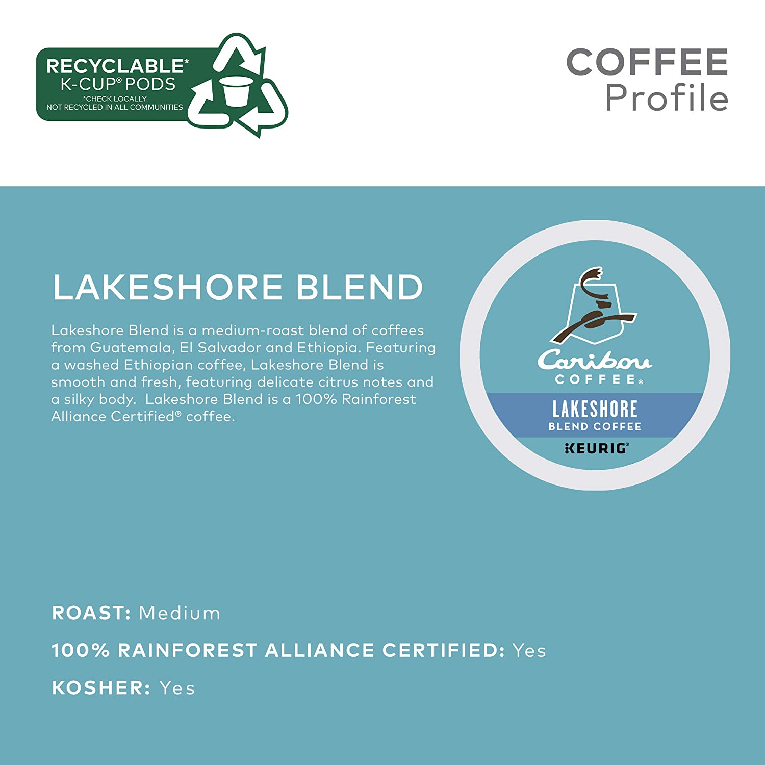 Caribou Coffee Lakeshore Blend. Single-Serve Keurig K-Cup Pods. Medium Roast Coffee. 24 Count (Pack of 4)