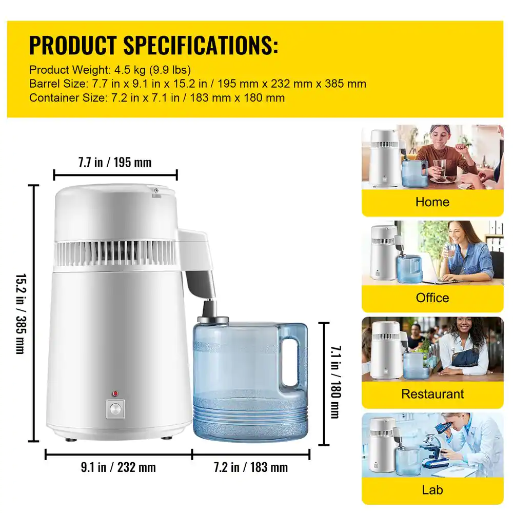 VEVOR Water Distiller 750 Watt Purifier Filter 1.1 Gal. Fully Upgraded Distilling Pure Water Machine with Handle. White
