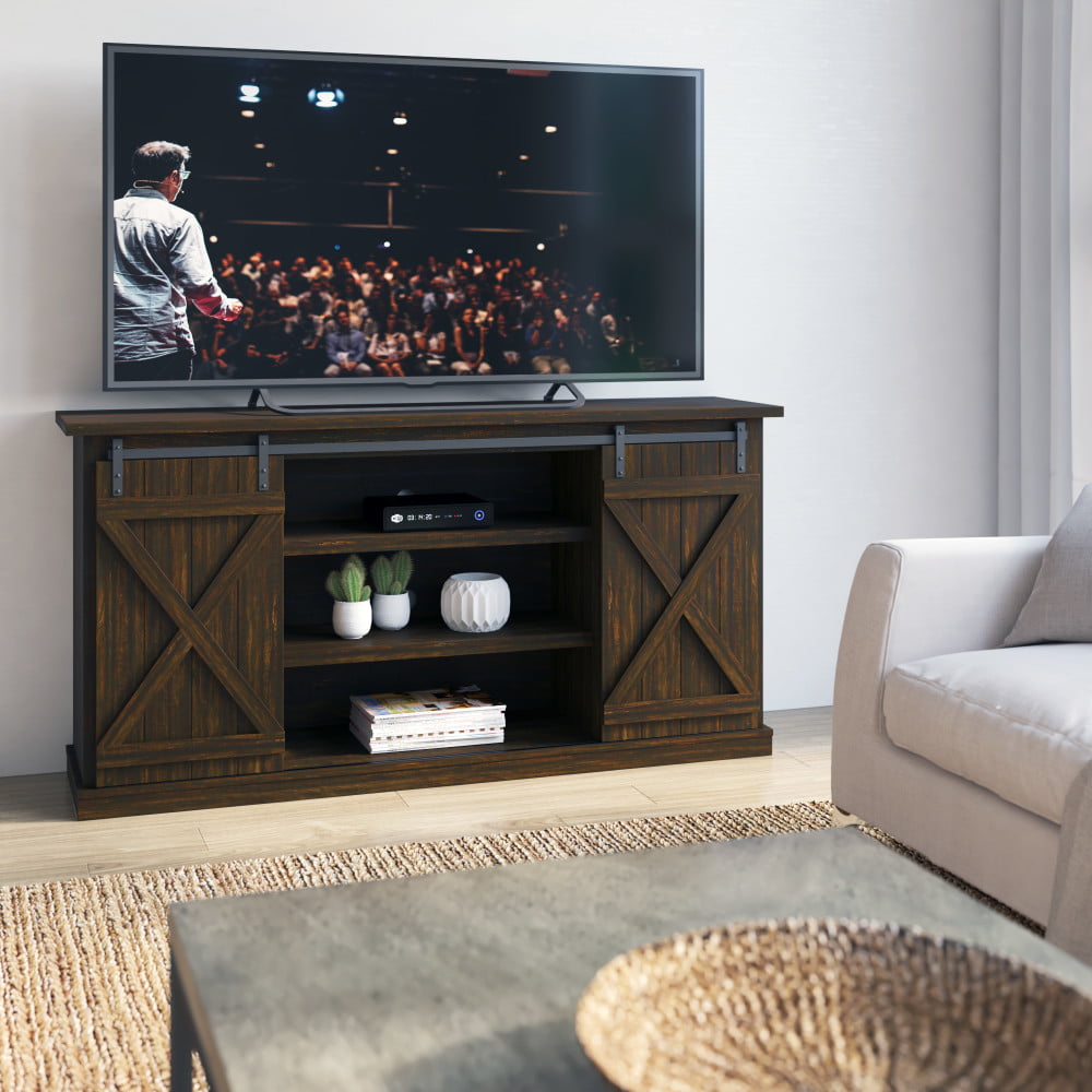 Farmhouse TV Stand for TVs up to 70 inches with Sliding Barn Doors in Saw Cut Espresso