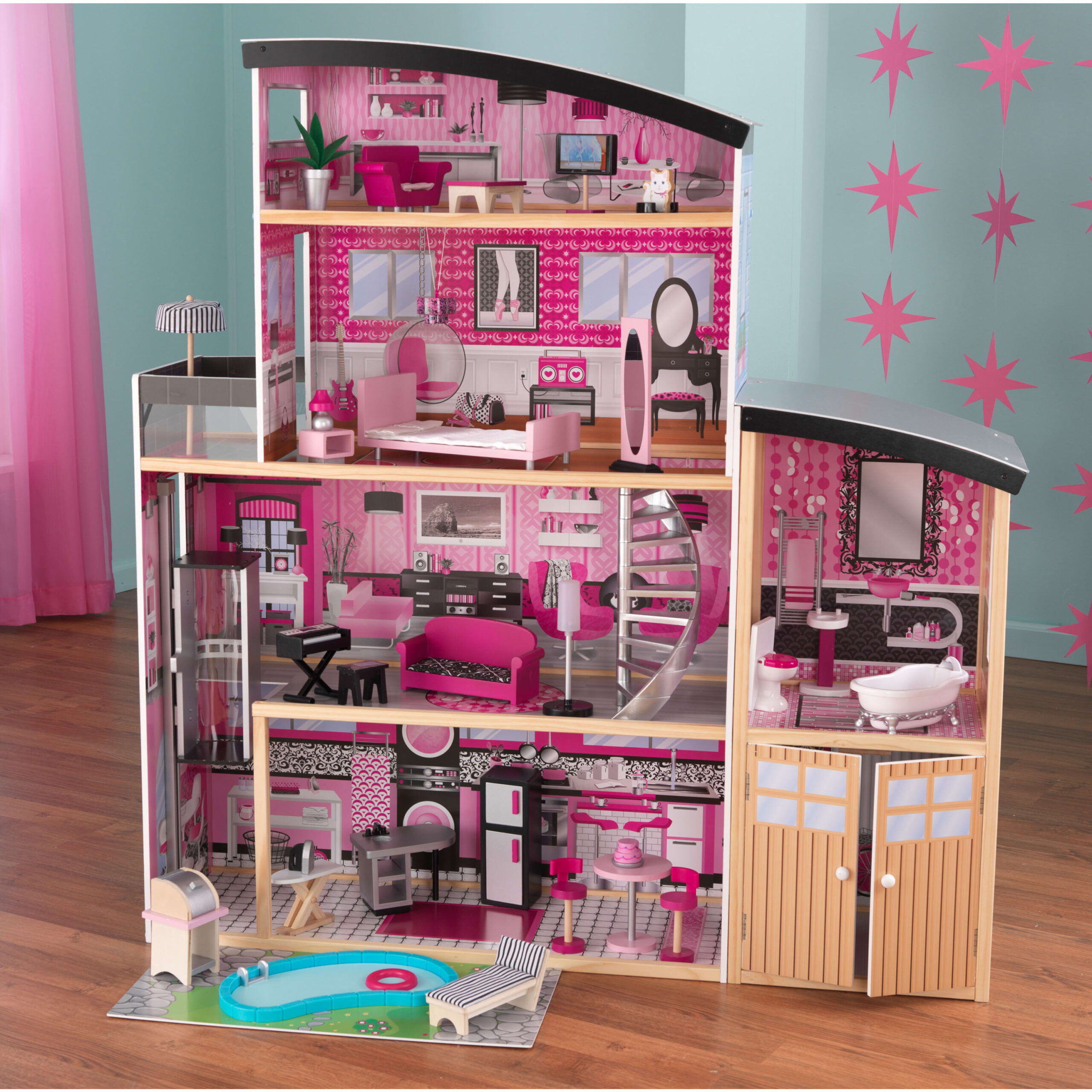 KidKraft Sparkle Mansion Wooden Dollhouse with Lights & Sounds and 30 Accessories. Pink