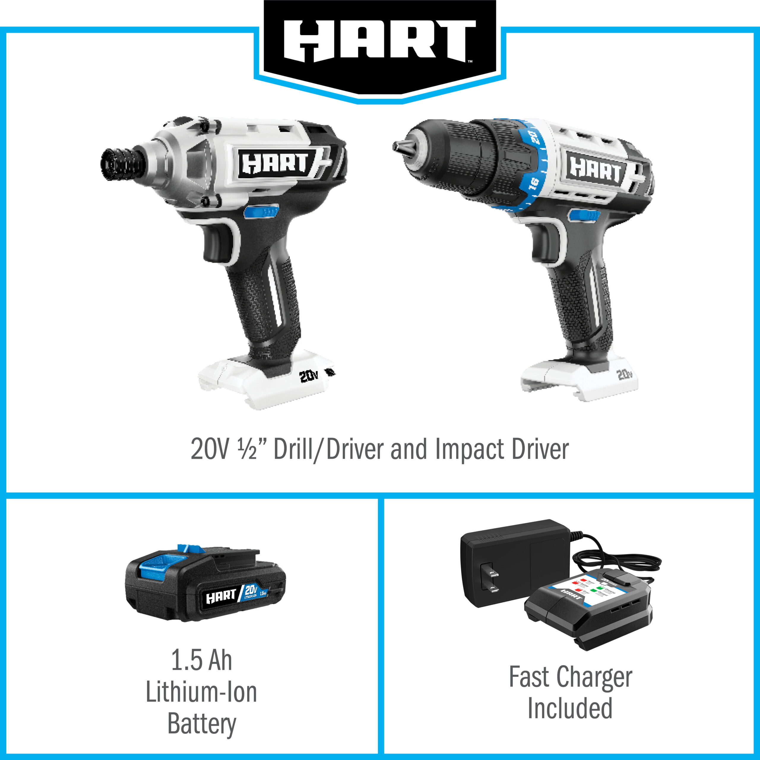HART 20-Volt Cordless 2-Piece 1/2-inch Drill and Impact Driver Combo Kit (1) 1.5Ah Lithium-Ion Battery