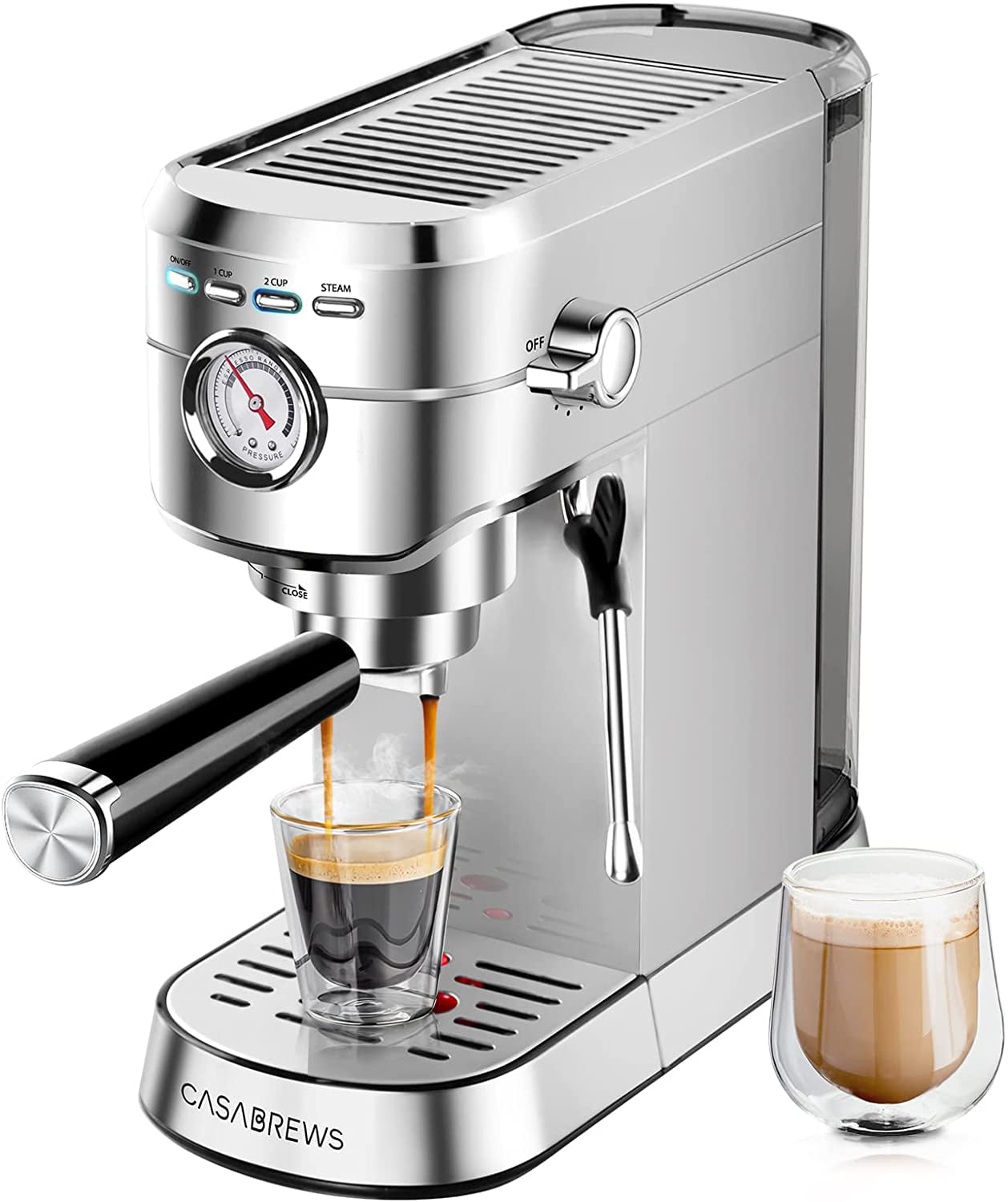 Casabrews Espresso Machine with Milk Frother Steam Wand. 20 Bar Pump Stainless Steel Professional Cappuccino and Latte Coffee Machine. New. Silver
