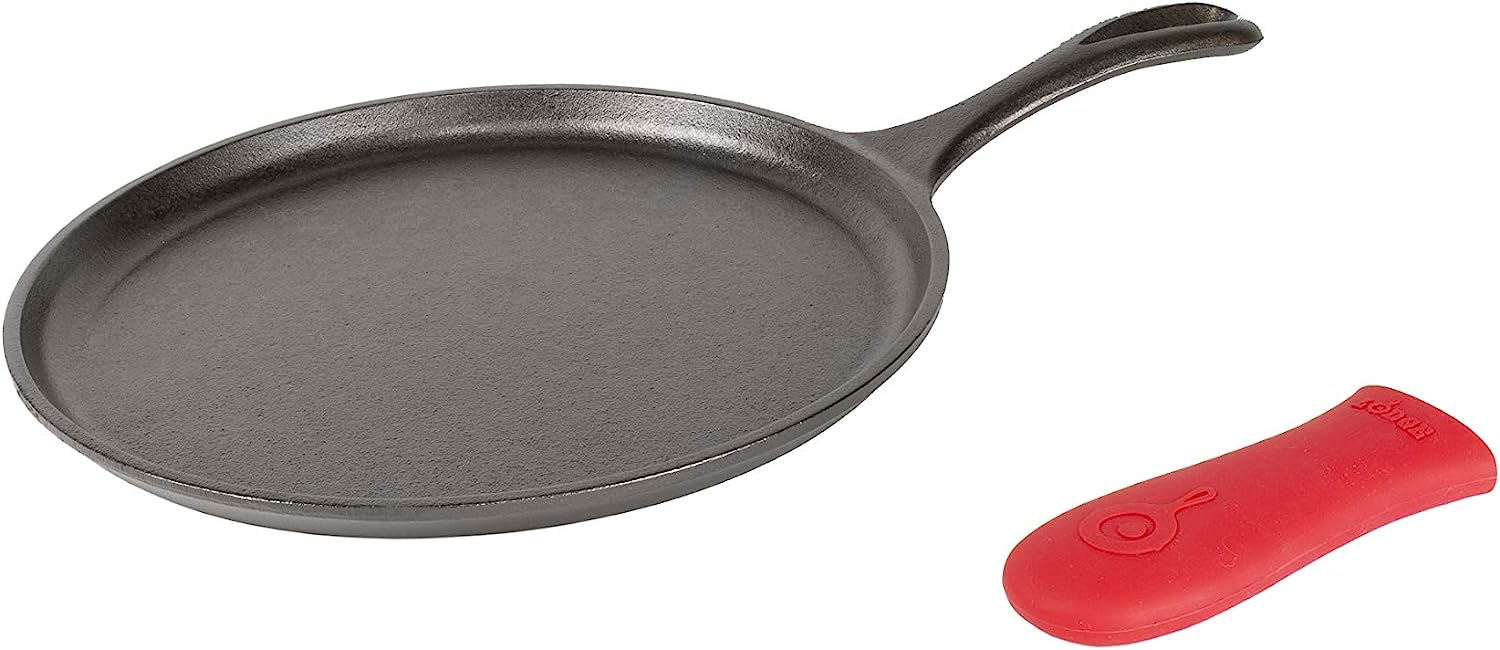 Lodge Cast Iron Round Griddle with Red Silicone Hot Handle Holder. 10.5-inch