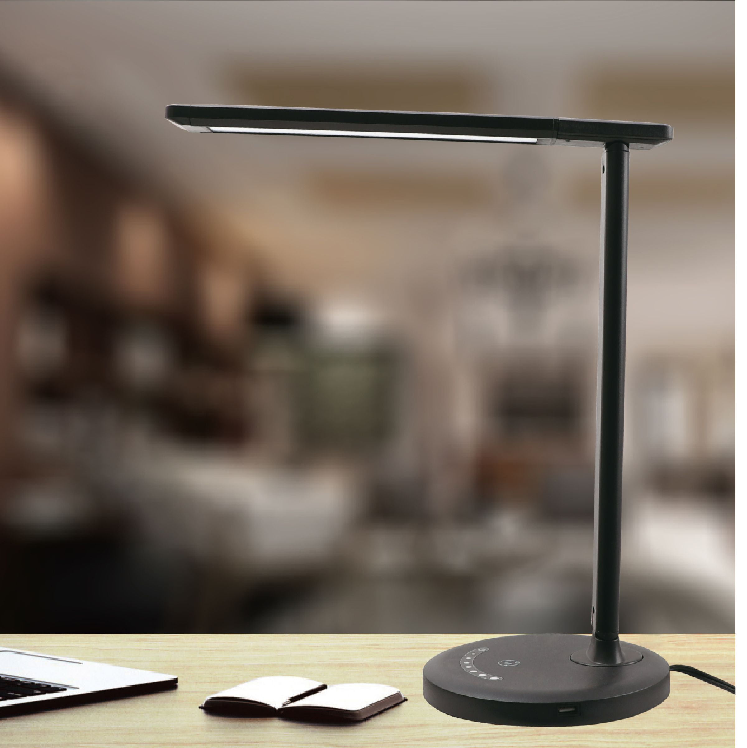 Mainstays Dimmable Plastic LED Desk Lamp with USB Charging Port. Black with Powder Coating