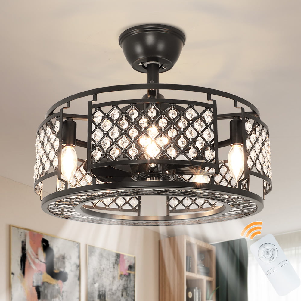 DingLiLighting Industrial Crystal Ceiling Fan with Light and Remote.Farmhouse Chandelier Ceiling Fan for Bedroom.Living Room.Low Profile.3 Wind Speeds.18″ Indoor/Outdoor. 5*E12 Base