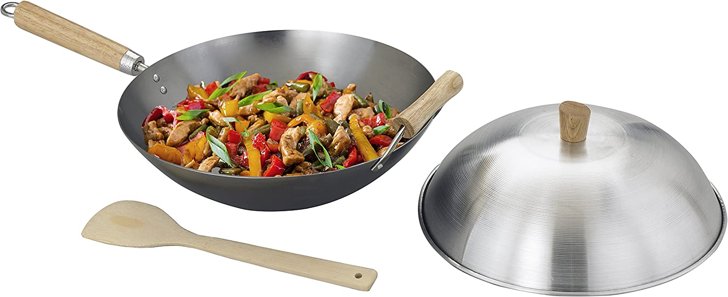 Helen-s Asian Kitchen Helen Chen-s Asian Kitchen Flat Bottom Wok. Carbon Steel with Lid and Stir Fry Spatula. Recipes Included. 13.5-inch. 4 Piece Set. 13.5 Inch. Silver/Gray/Natural