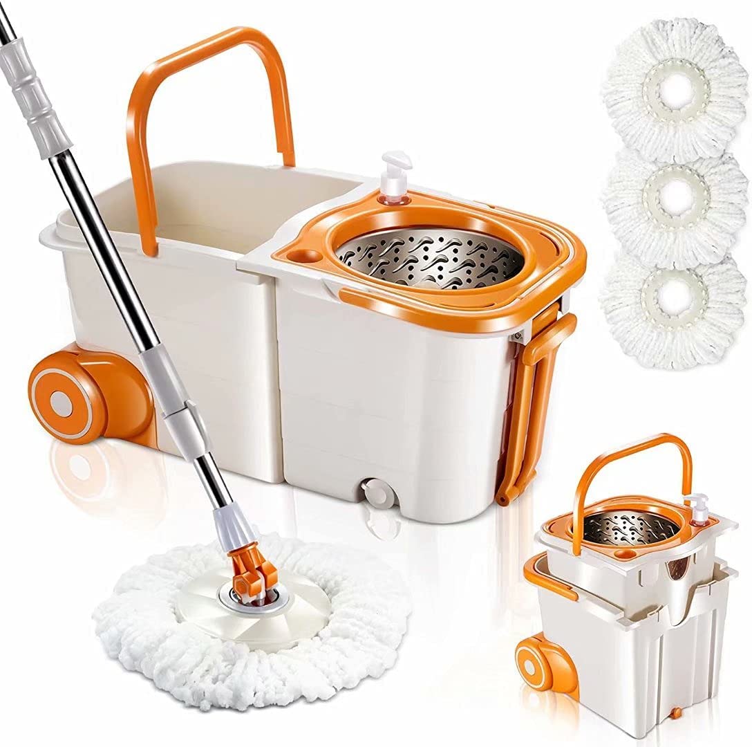 MASTERTOP Spin Mop Bucket System with Wringer Set - Floor Mop Stainless Steel Mop Handle. Mop Buckets Separate Clean and Dirty Water. 4 Washable Microfiber Mop Head. Cleaning Bucket Easy to Store