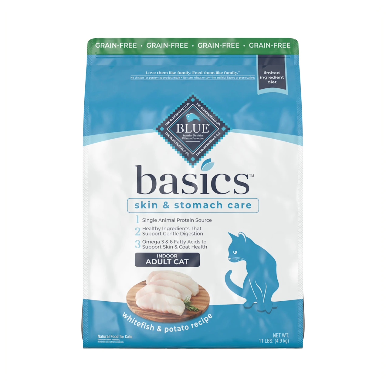 Blue Buffalo Blue Basics Skin & Stomach Care Natural Adult Grain Free Indoor Fish & Potato Adult Dry Cat Food. 11 lbs.