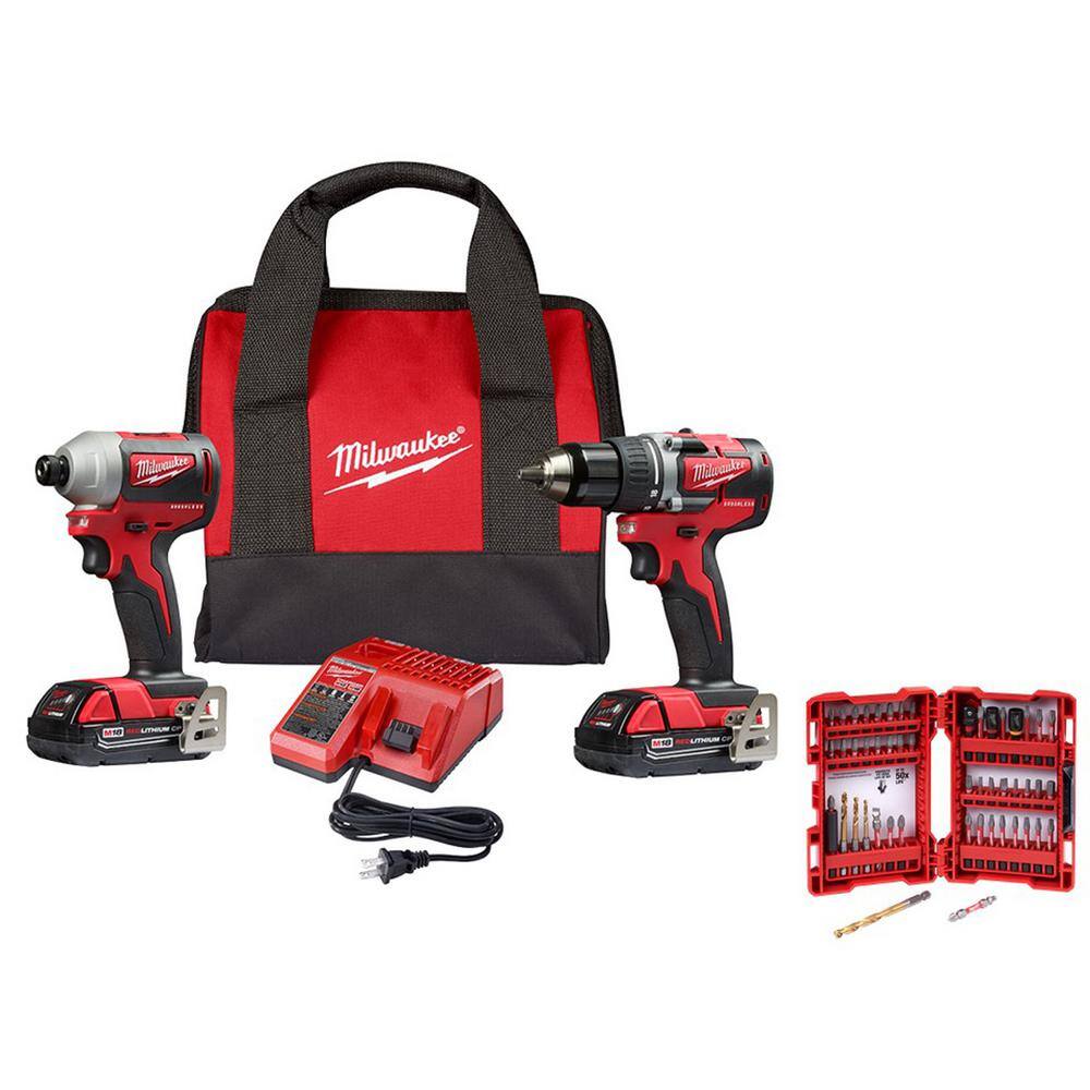 Milwaukee 2892-22CT-48-32-4024 M18 18V Lithium-Ion Brushless Cordless Compact Drill/Impact Combo Kit (2-Tool) W/ SHOCKWAVEBit Set (50-Piece)