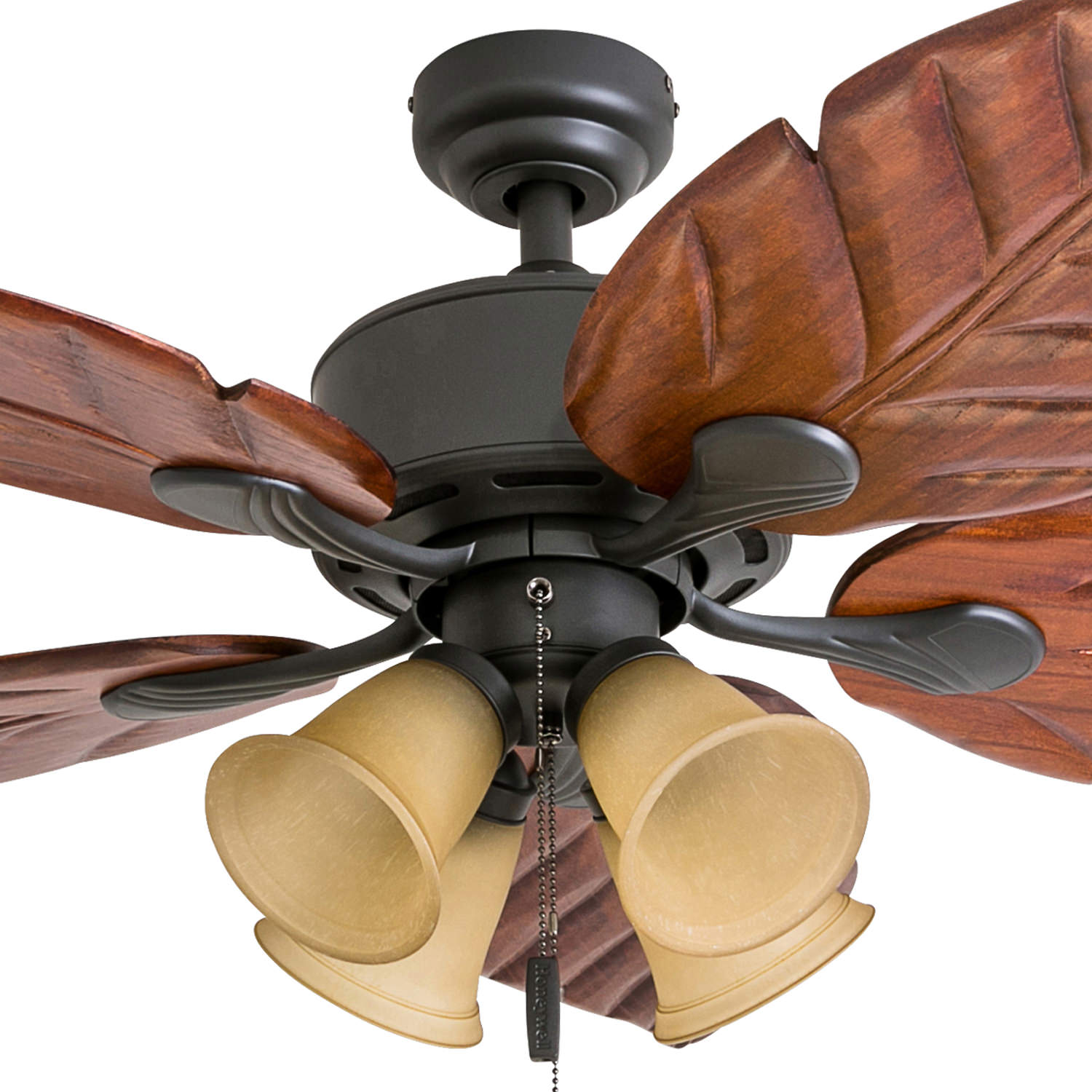 Honeywell Royal Palm 52″ Bronze Tropical LED Ceiling Fan with Light. Hand Carved Blades