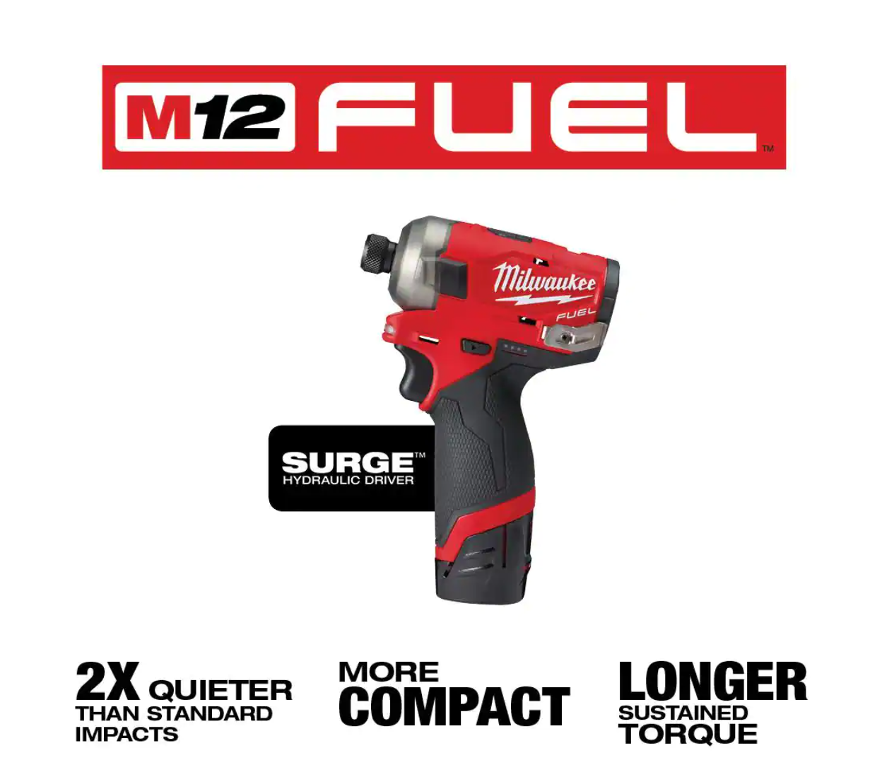 Milwaukee 2551-22-48-11-2420 M12 FUEL SURGE 12V Lithium-Ion Brushless Cordless 1/4 in. Hex Impact Driver Compact Kit with 2.0 Ah Battery