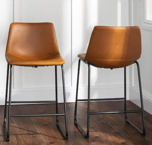 Walker Edison Wasatch 24 in. Whiskey Brown Low Back Metal Frame Counter Height Bar Stool with Faux Leather Seat (Set of 2)