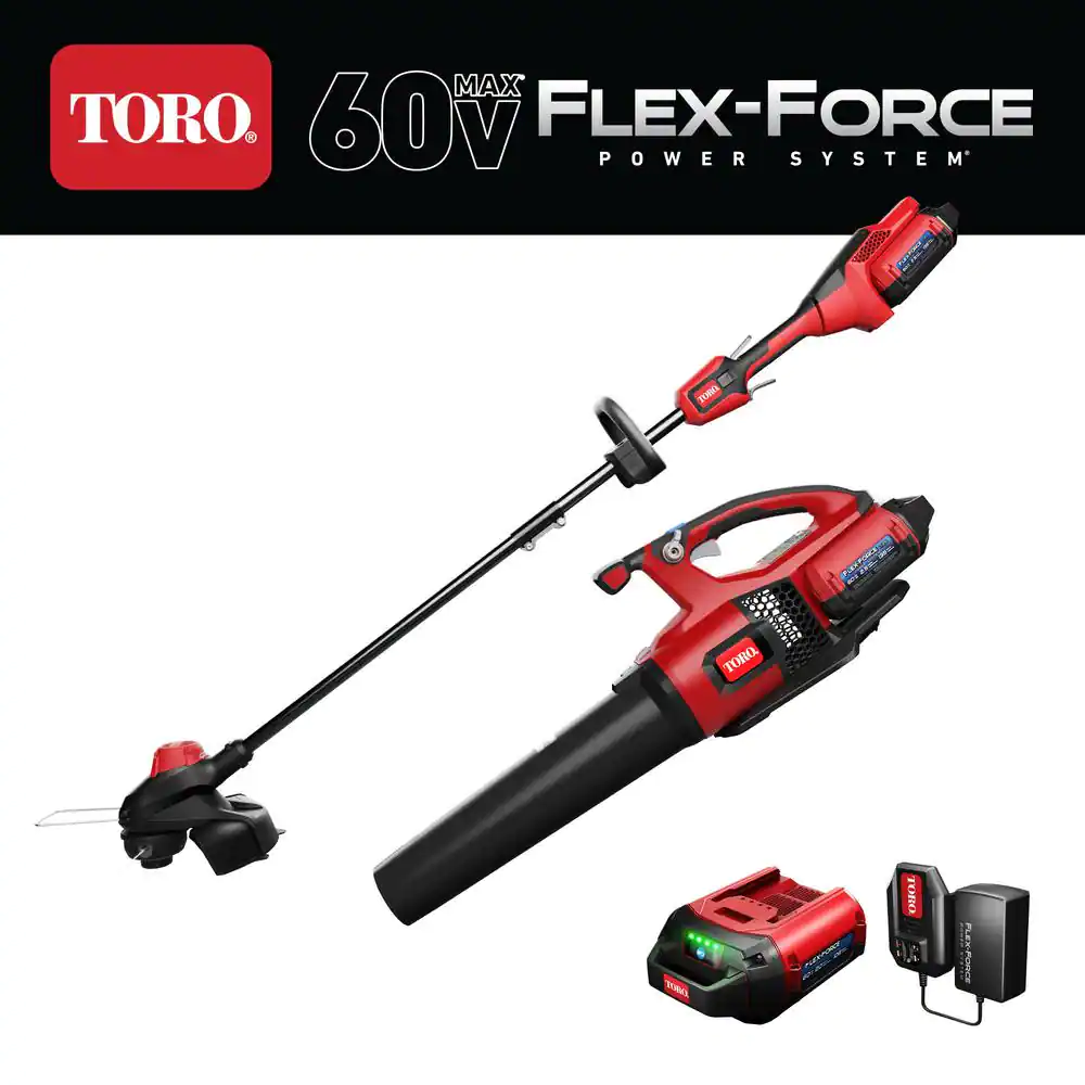 Toro 51881 60V Max Lithium-Ion Cordless String Trimmer and Leaf Blower Combo Kit (2-Tool). 2.0 Ah Battery and Charger Included