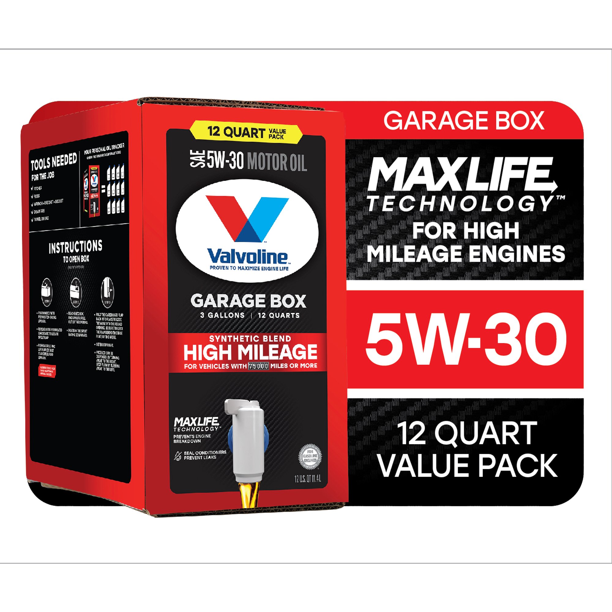 Valvoline High Mileage MaxLife 5W-30 Synthetic Blend Motor Oil 12 QT Garage Box