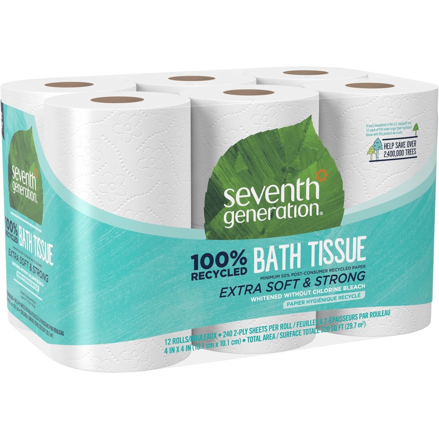 Seventh Generation 100% Recycled Bathroom Tissue - 2 Ply - 4″ x 4″ - 240 Sheets/Roll - White - Paper - Hypoallergenic. Dye-free. Fragrance-free. Non-chlorine Bleached - For Restroom - 12 / Pack