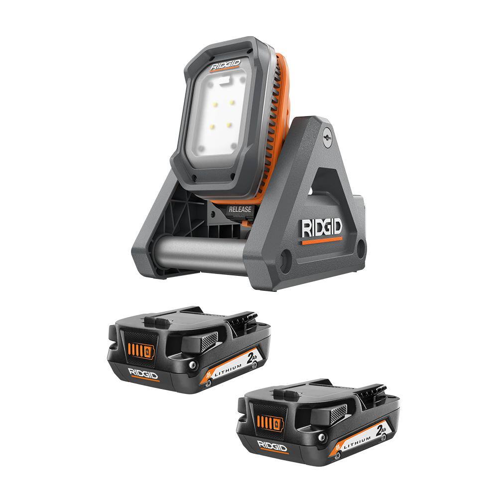 RIDGID AC8400802P-R8694620B 18V 2.0 Ah Compact Lithium-Ion Batteries (2-Pack) with 18V Cordless Flood Light with Detachable Light
