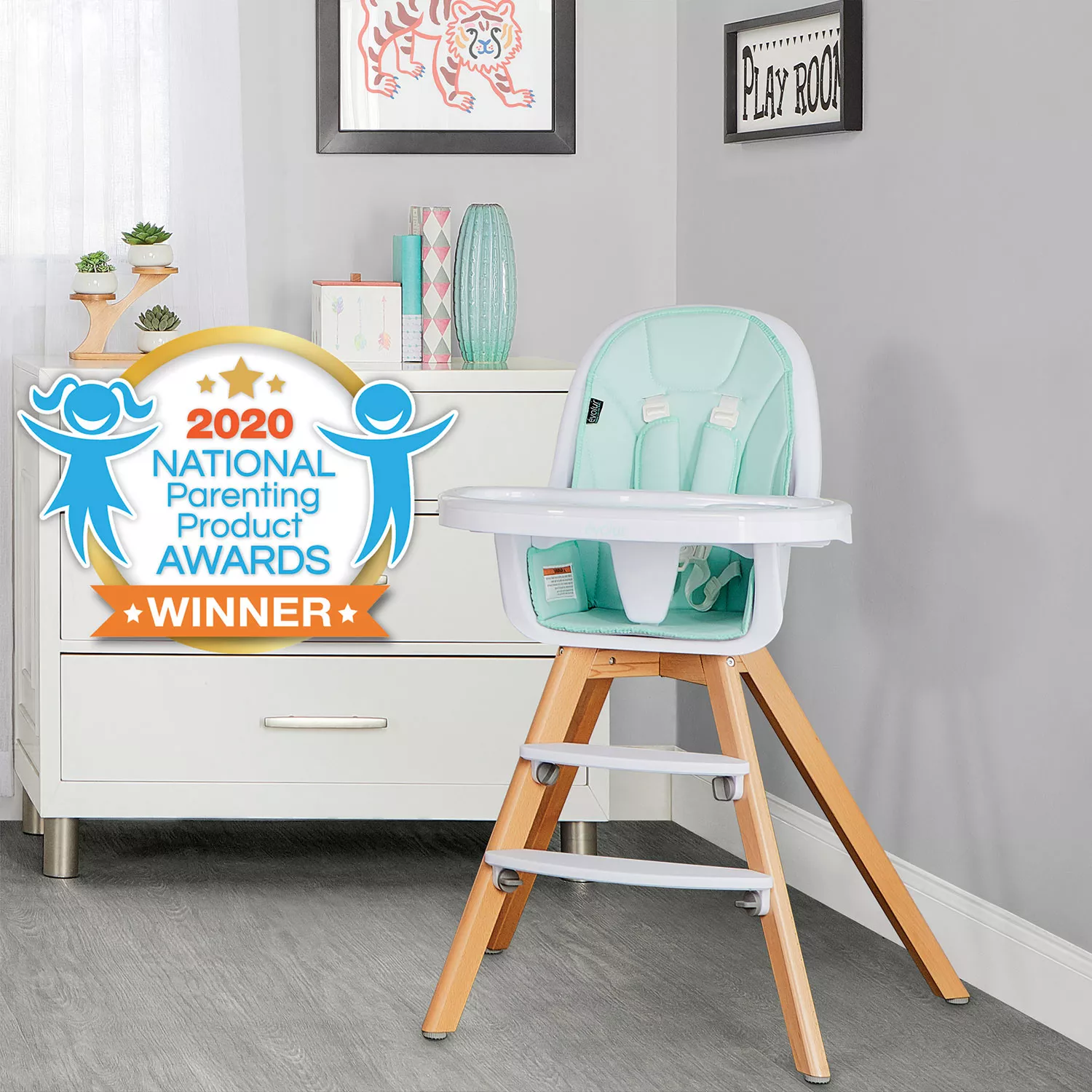 Evolur Zoodle 3-in-1 High Chair I Booster Feeding Chair I Modern Design I Toddler Chair I Removable Cushion I Adjustable Tray I Baby and Toddler. Mint