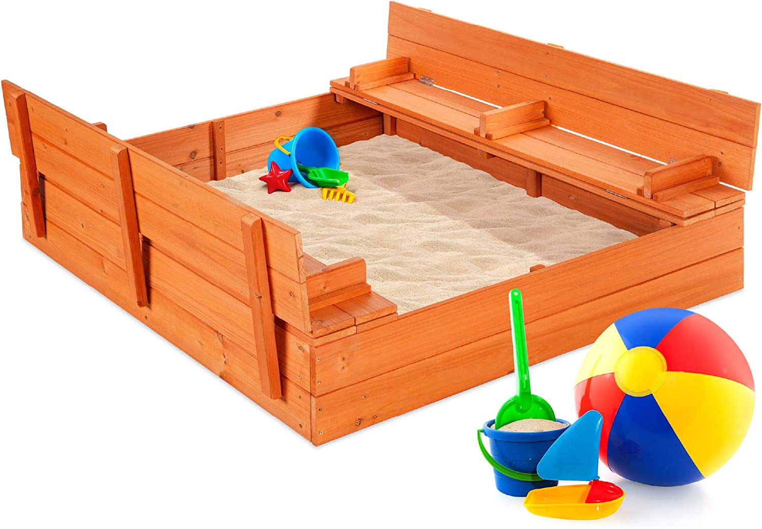 Best Choice Products 47x47in Kids Large Wooden Sandbox for Backyard. Outdoor Play w/Cedar Wood. 2 Foldable Bench Seats. Sand Protection. Bottom Liner - Brown
