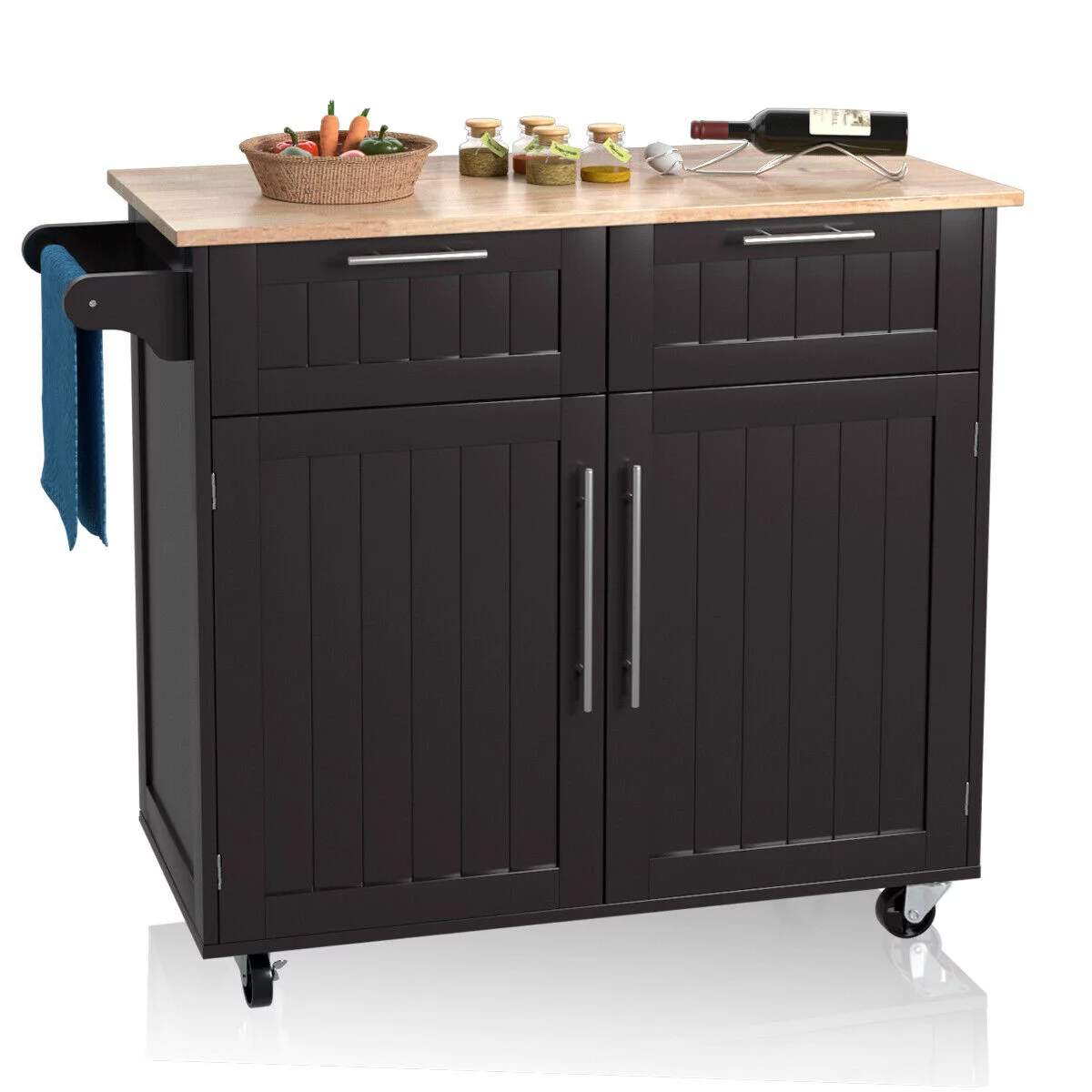 Costway Rolling Kitchen Cart Island Heavy Duty Storage Brown Trolley Cabinet Utility Modern