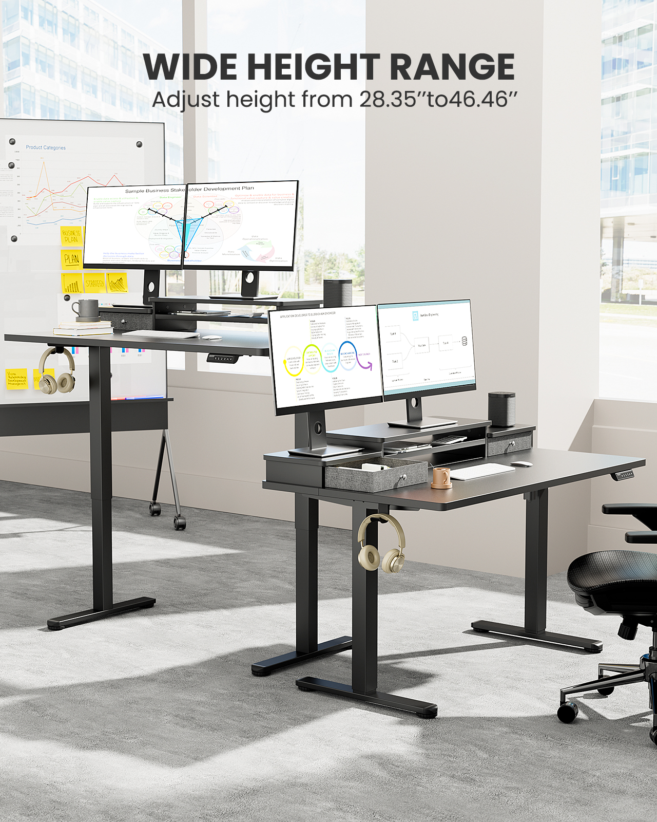 Electric Standing Desk with Double Drawers Height Adjustable 55″x28″ Stand Up Desk with Monitor Shelf. Black