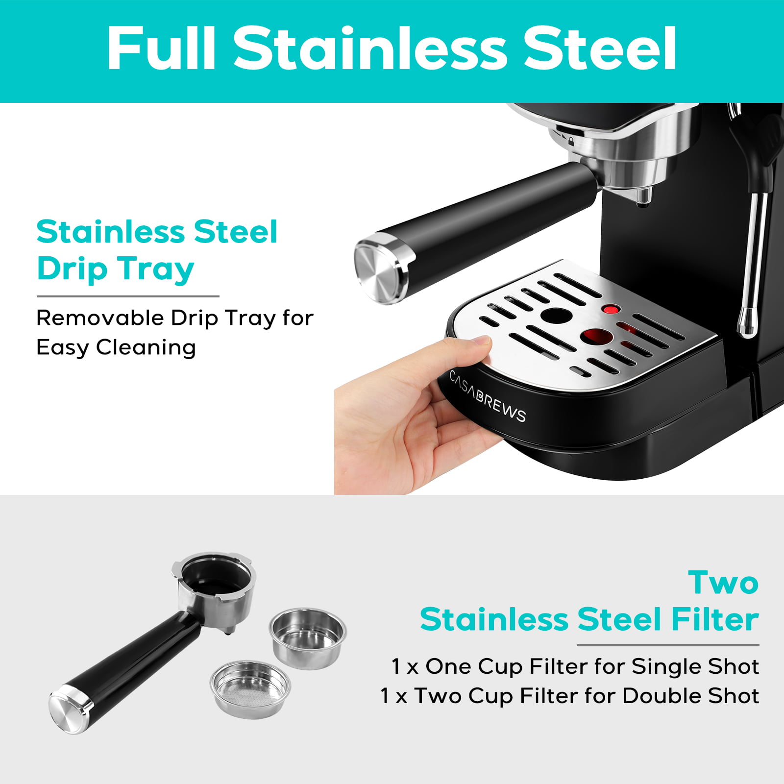 Casabrews 20 Bar Espresso Machine with Milk Frother Steam Wand. Professional Cappuccino Machine.  Stainless Steel. Black