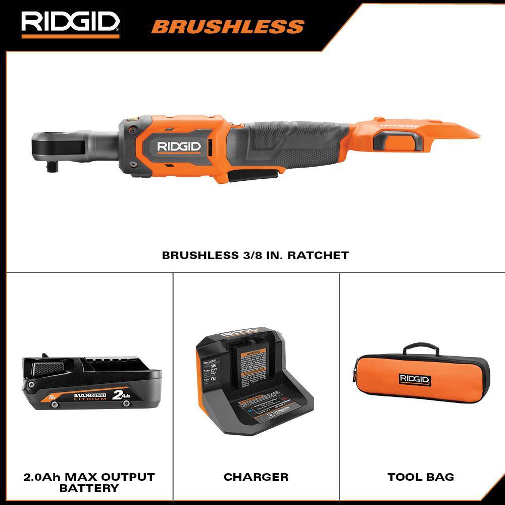 RIDGID R866011K 18V Brushless Cordless 3/8 in. Ratchet Kit with 2.0 Ah Battery and Charger