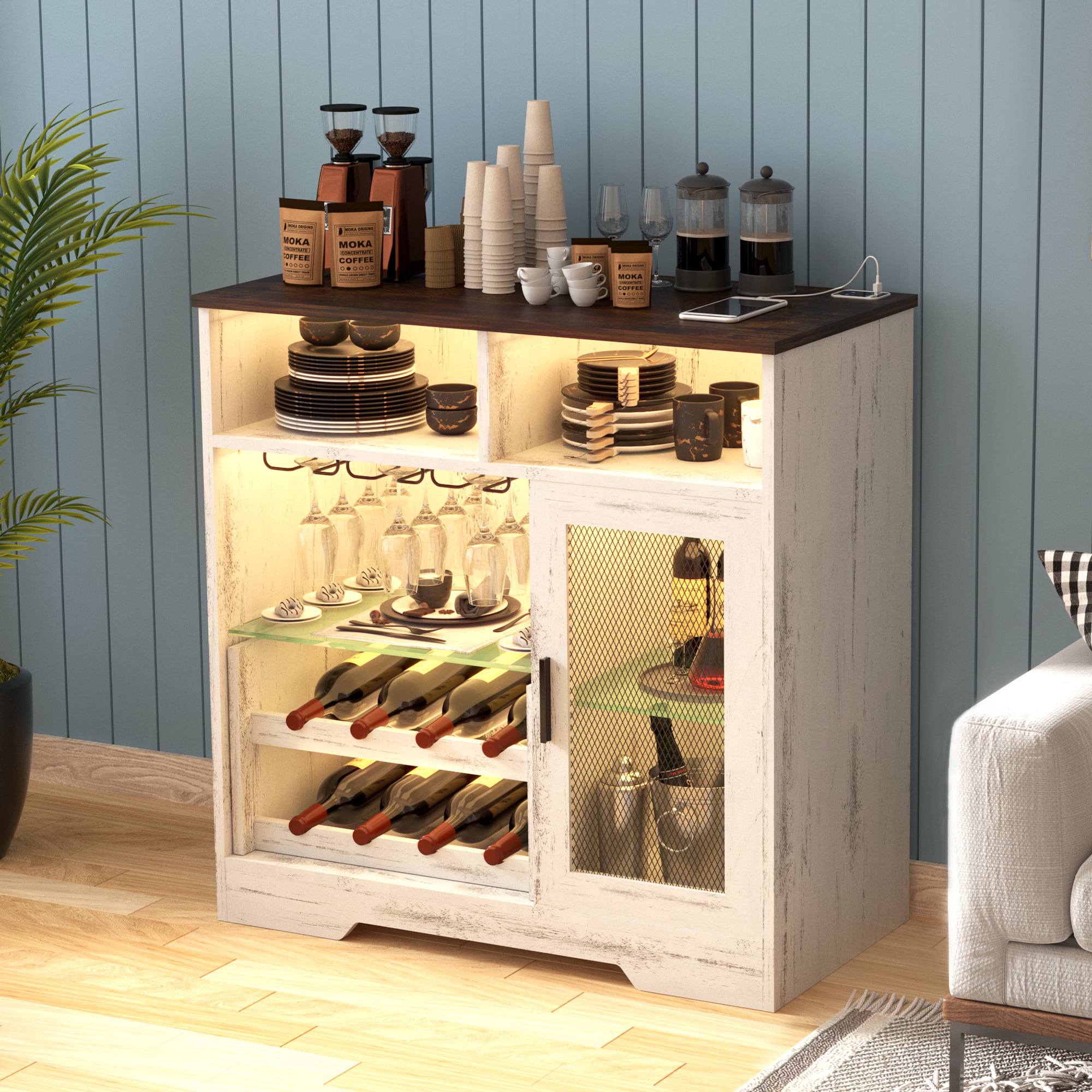 LVSOMT Bar Cabinet with Wine Rack and Glass Holder. LED Sensor Lights Farmhouse Coffee Bar Cabinet for Liquor and Glasses. Sideboard Buffet Cabinet with 2 Shelves 2 Adjustable storage Mesh Door(White)