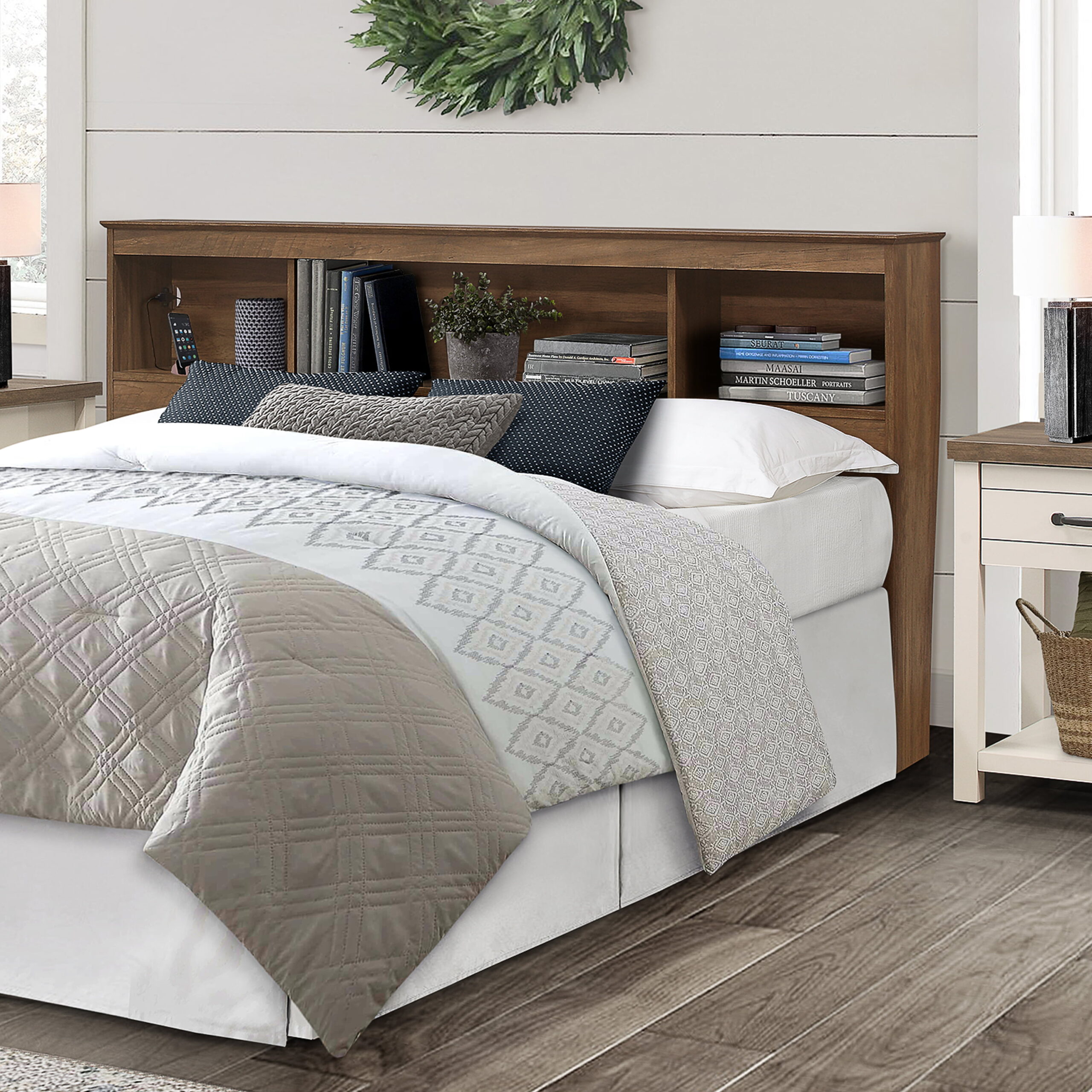 Woven Paths Carriage Hill Low Profile Bookcase Full/ Queen Headboard with 2 USB Ports. Oak
