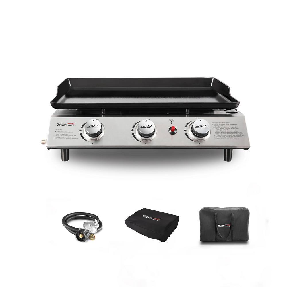 Royal Gourmet PD1300C 3-Burner 26.400-BTU Portable Gas Grill Griddle. Regulator. Cover and Carry Bag Included. Outdoor Camping. Tailgating
