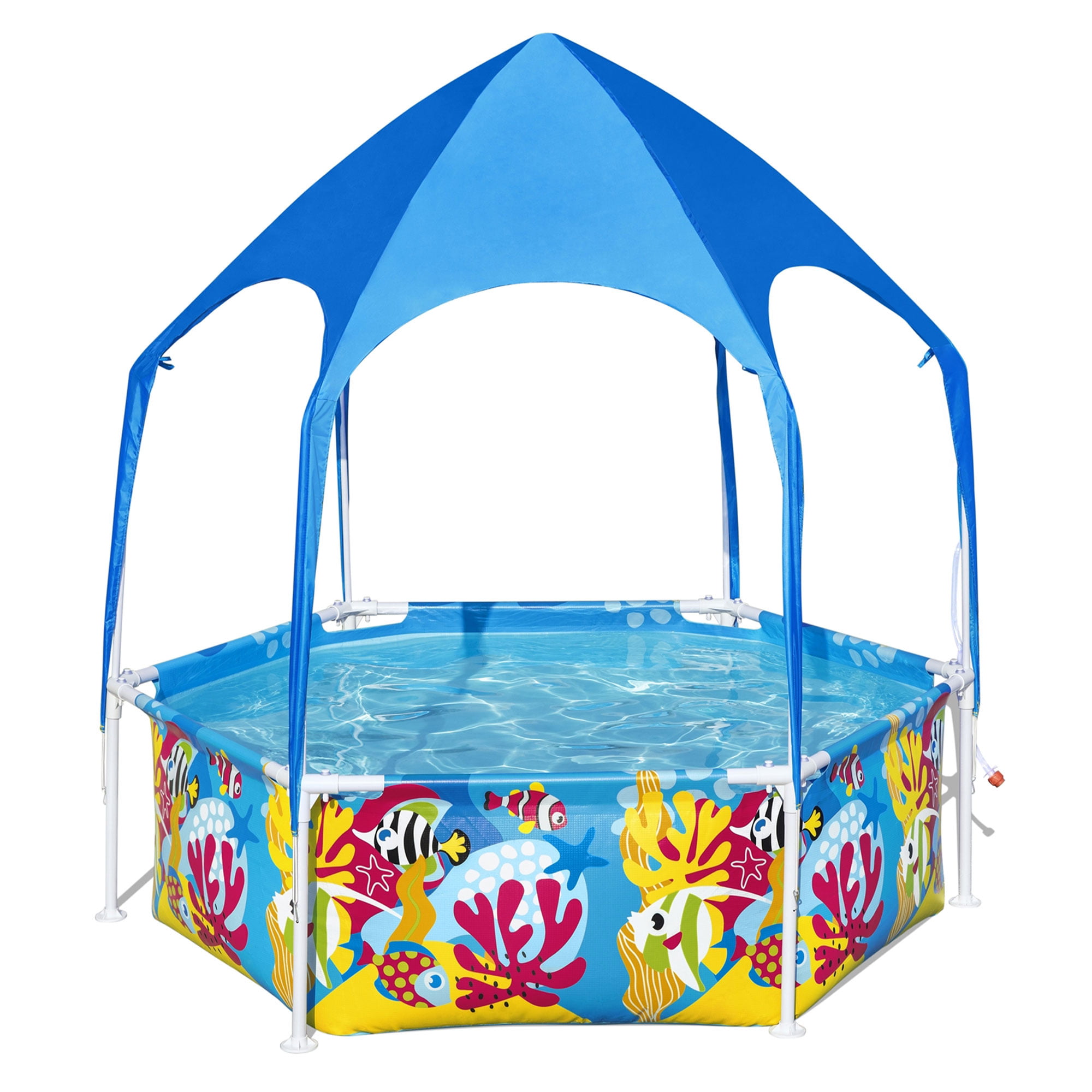 Bestway 6′ x 20″ Above Ground Round Swimming Pool with Shaded Canopy. Sea