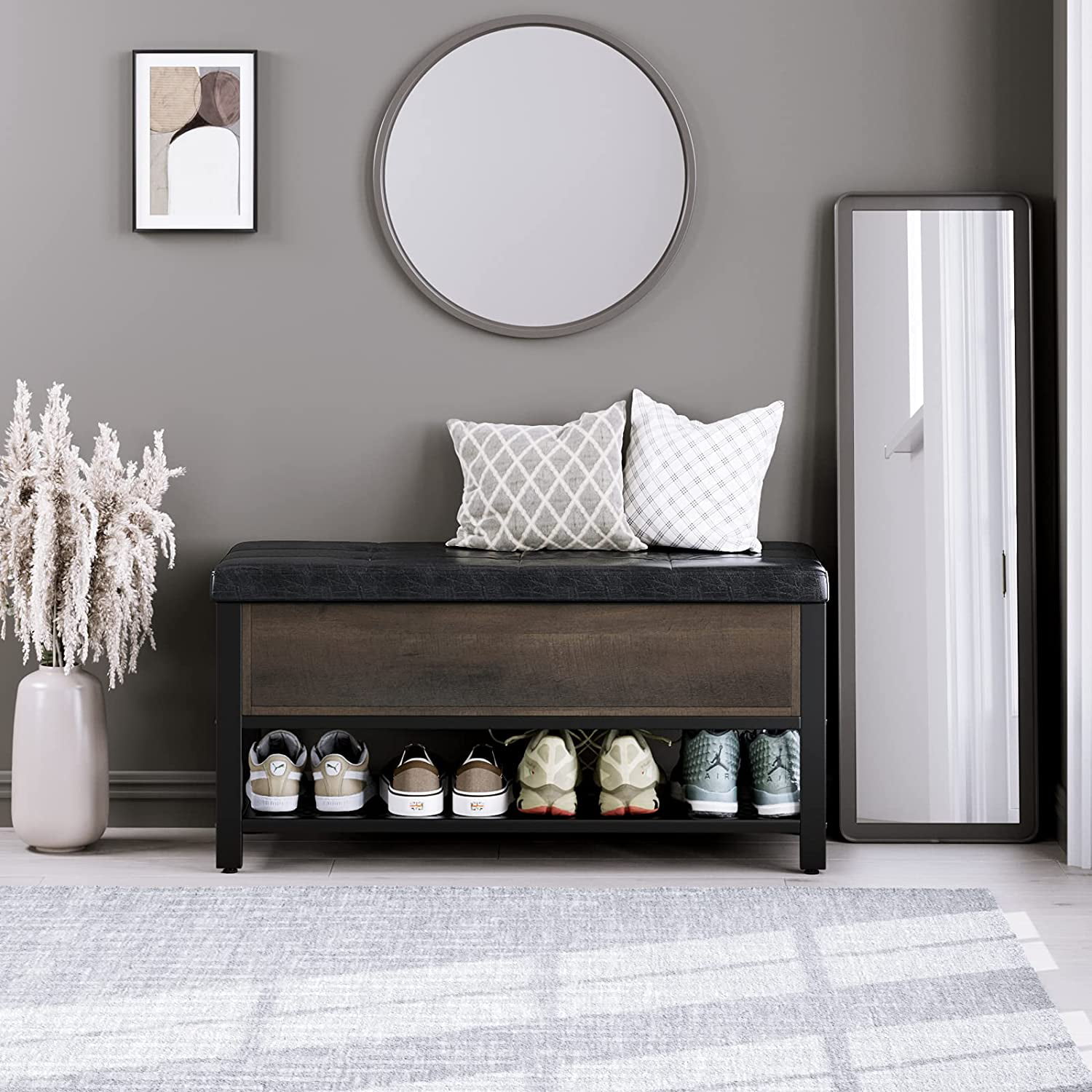 Industrial Storage Bench. Flip Top Long Shoe Bench. Bed End Stool with Leather Padded Seat and Steel Shelf. for Hallway. Foyer. Living Room. Bedroom. Dark Brown and Black Finish