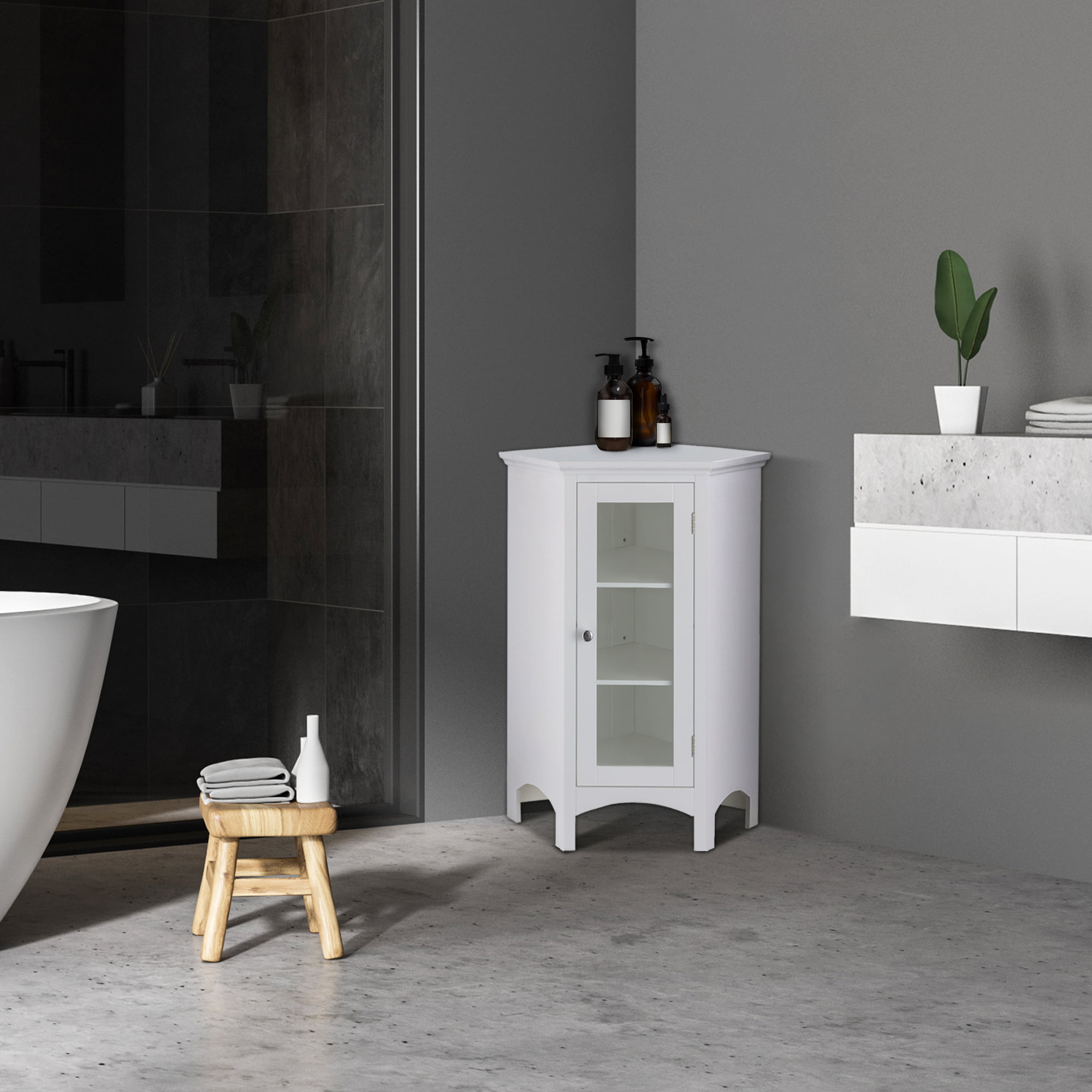 Teamson Home Madison Wooden Corner Floor Cabinet with Glass Door. White