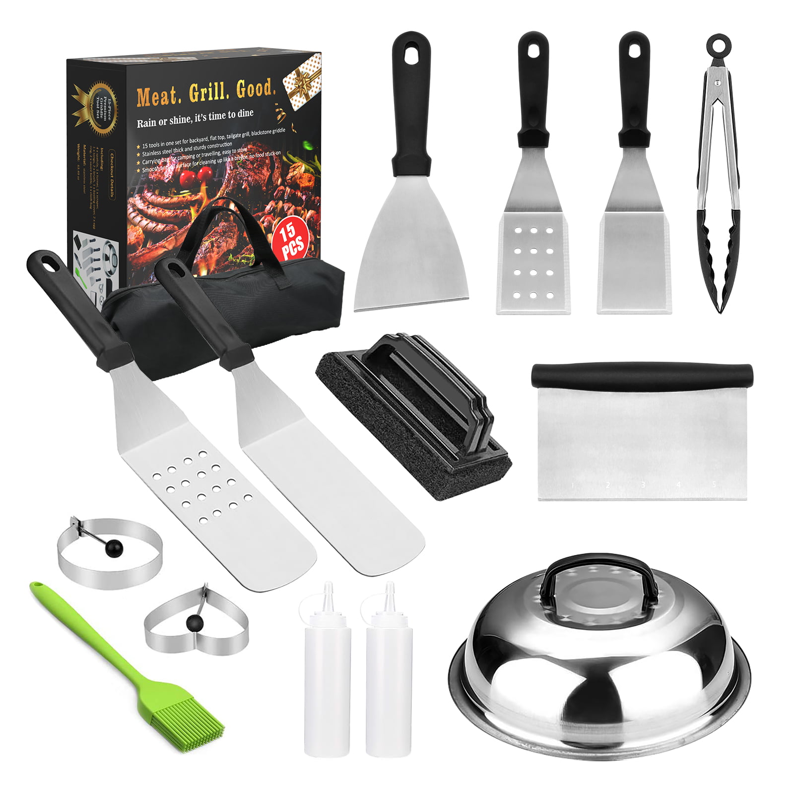 Hosaud BBQ Grill Tool Set. Stainless Steel Grip Barbecue Accessories for Outdoor Camping. Flat Top Griddle Accessories Kit with Spatula. Basting Cover. Scraper. Bottle. Tongs. Egg Rings & Carry Bag