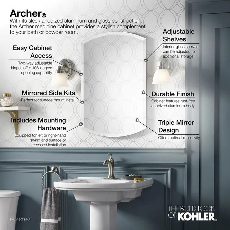Kohler 3073-NA Kohler Archer 20″ x 31″ Single Door Frameless Mirrored Medicine Cabinet