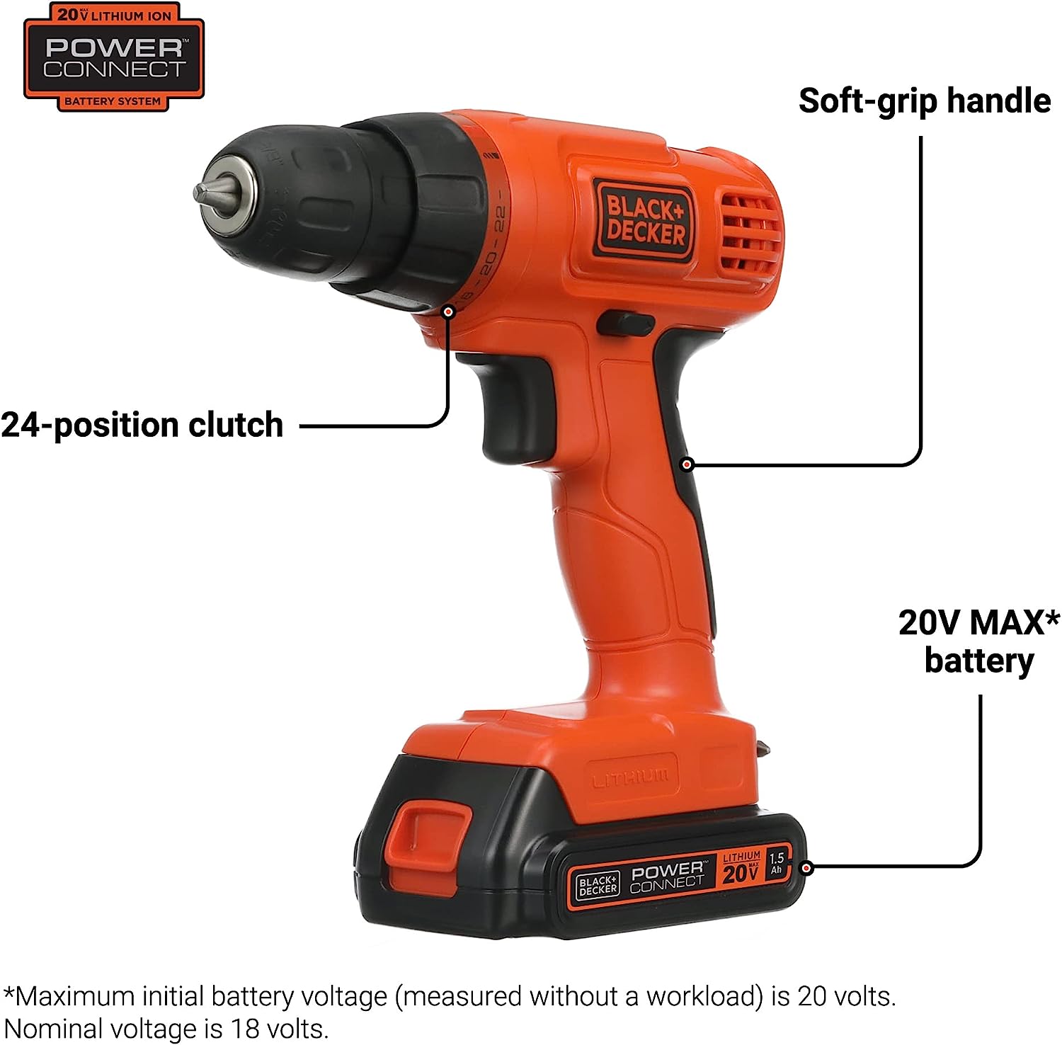 BLACK+DECKER 20V MAX* POWERCONNECT Cordless Drill Kit + 100 pc. Kit (BDC120VA100). Orange