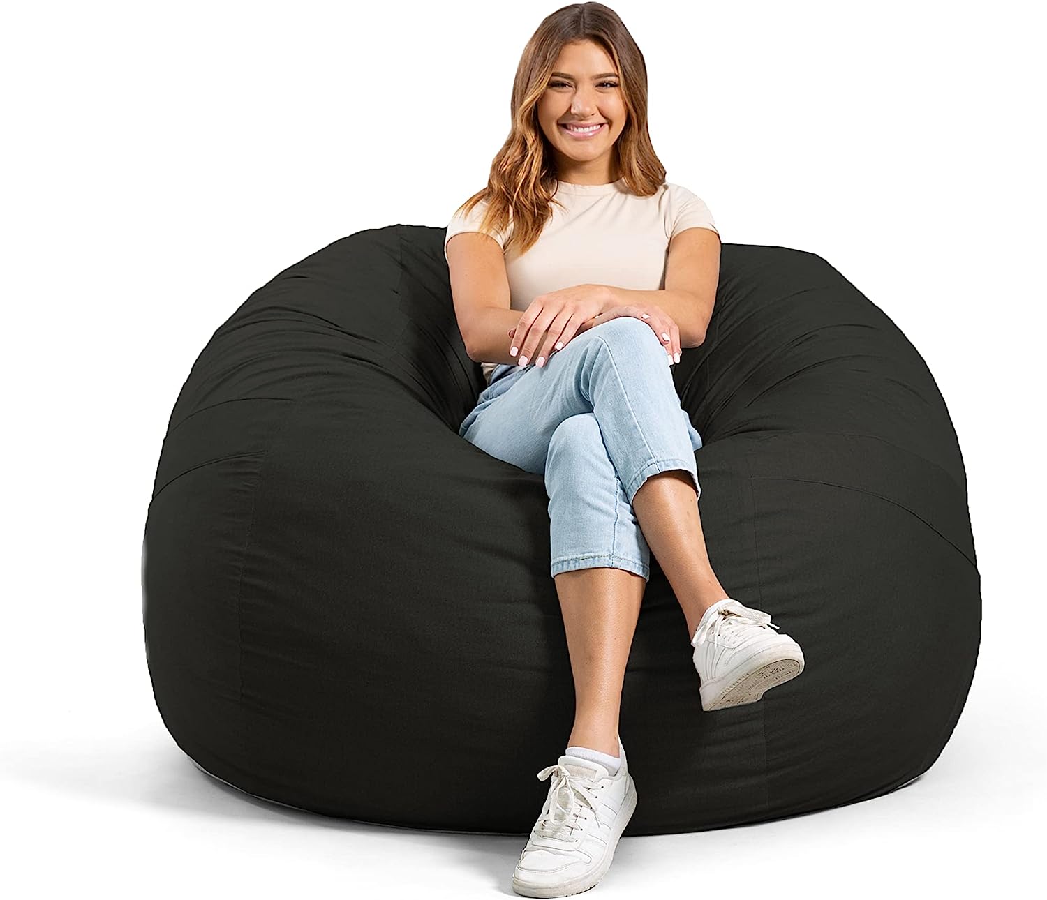 Big Joe Fuf Large Foam Filled Bean Bag Chair with Removable Cover. Black Lenox. Durable Woven Polyester. 4 feet Big