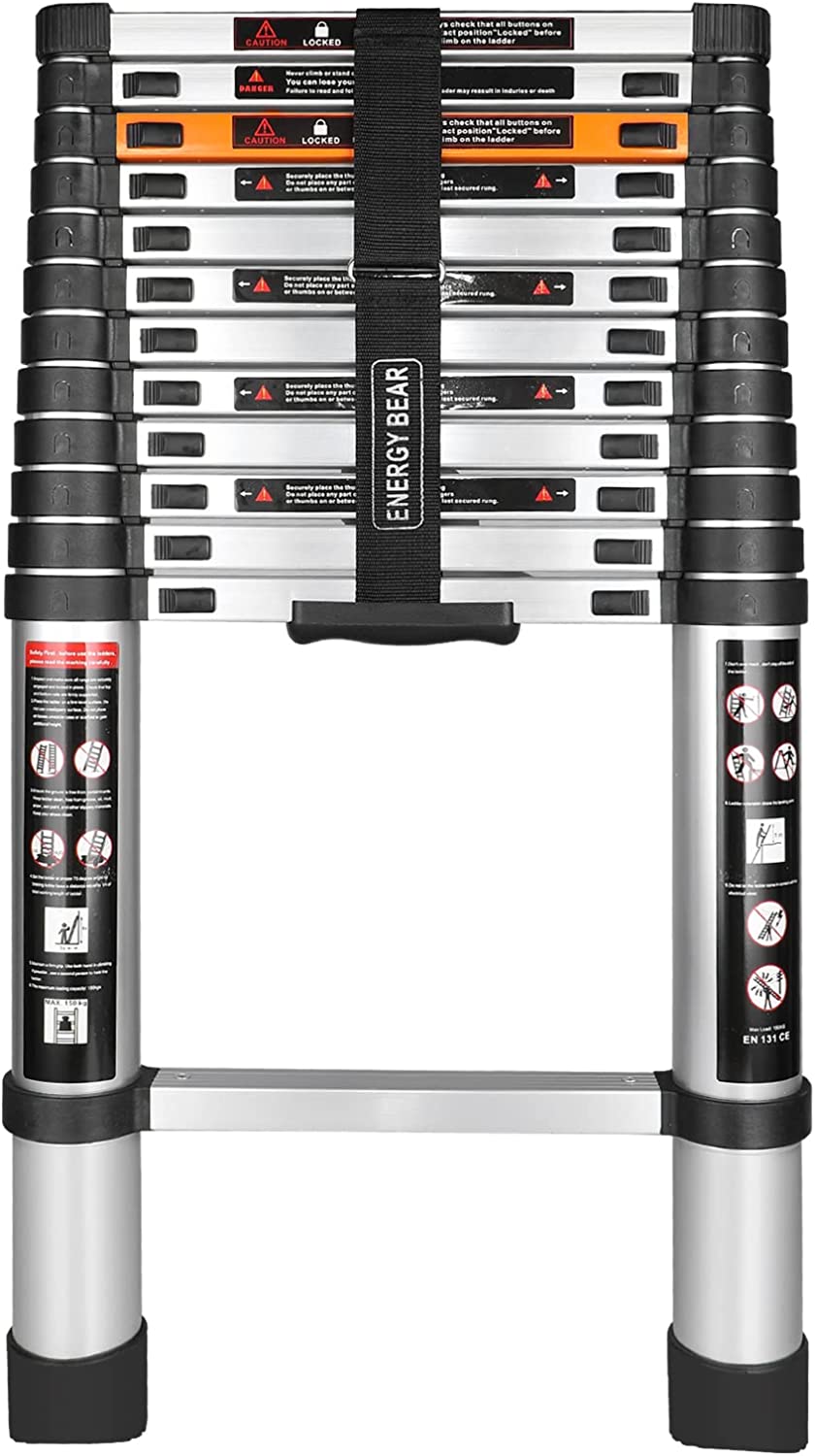 Energy Bear Telescoping Ladder 12.5FT Aluminum Extension Ladders Lightweight Collapsible Ladder Telescopic Ladders for RV. Loft. Attic. Home. 330lbs Capacity