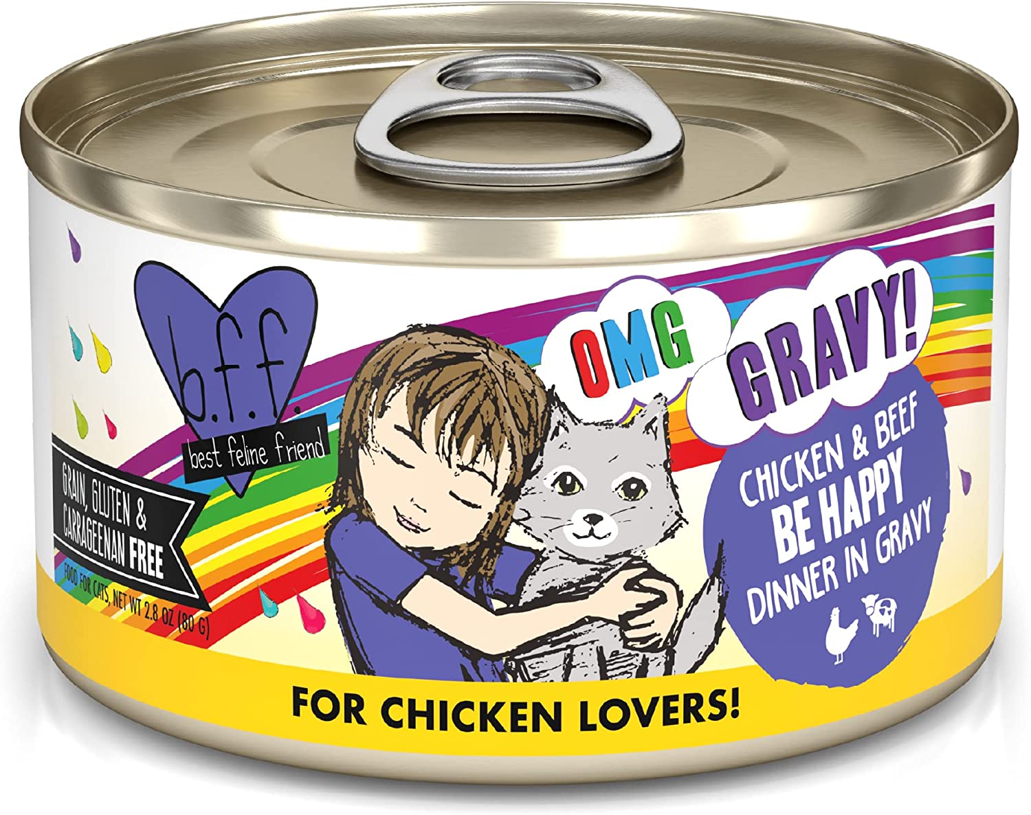 Weruva Wet Cat Food B.F.F. OMG - Best Feline Friend Oh My Gravy!. Chicken & Beef Be Happy with Chicken & Beef in Gravy. 2.8oz Can (Pack of 12)