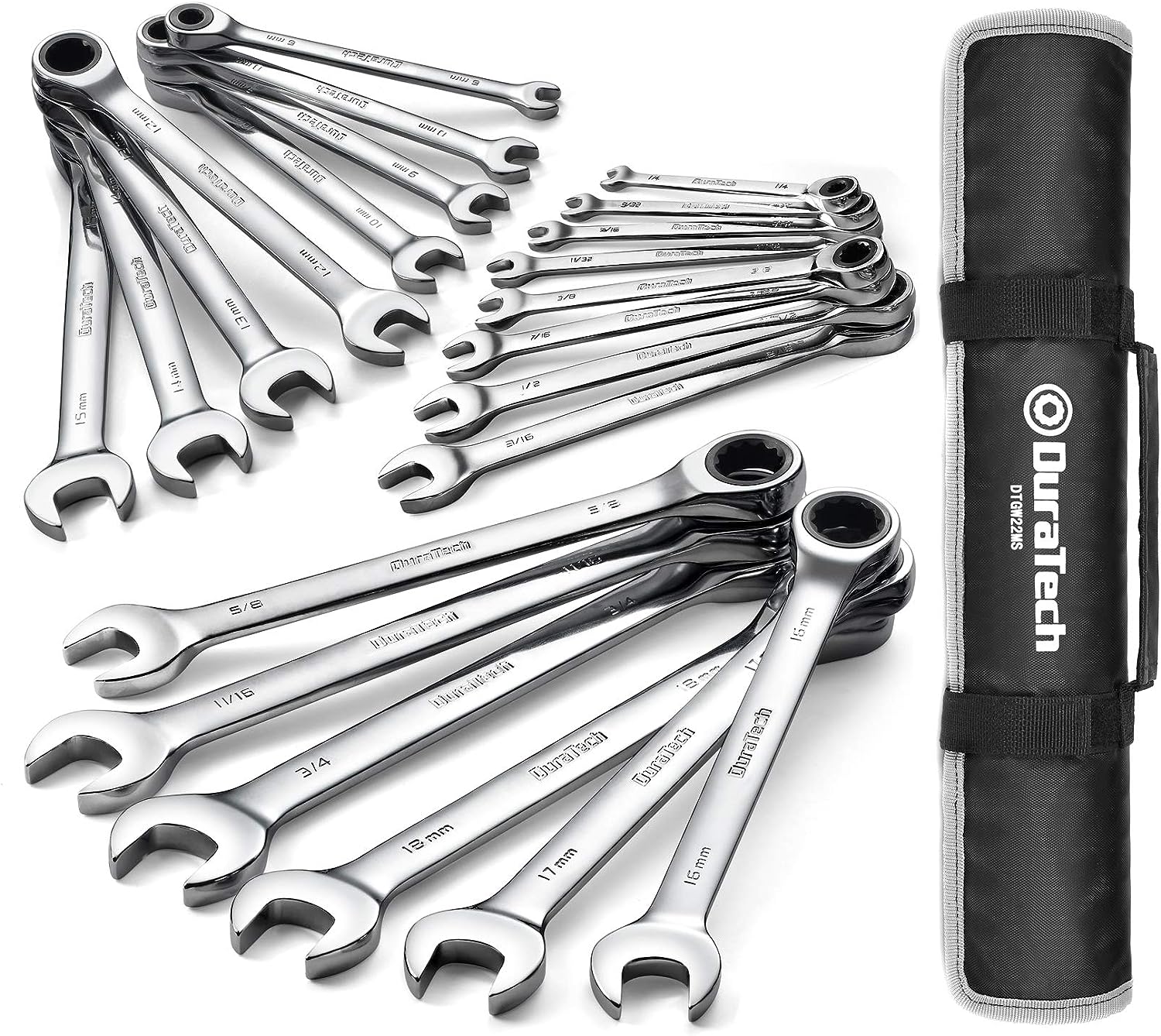 DURATECH Ratcheting Wrench Set. Combination Wrench Set. SAE & Metric. 22-piece. 1/4″ to 3/4″ & 6-18mm. CR-V Steel. with Pouch