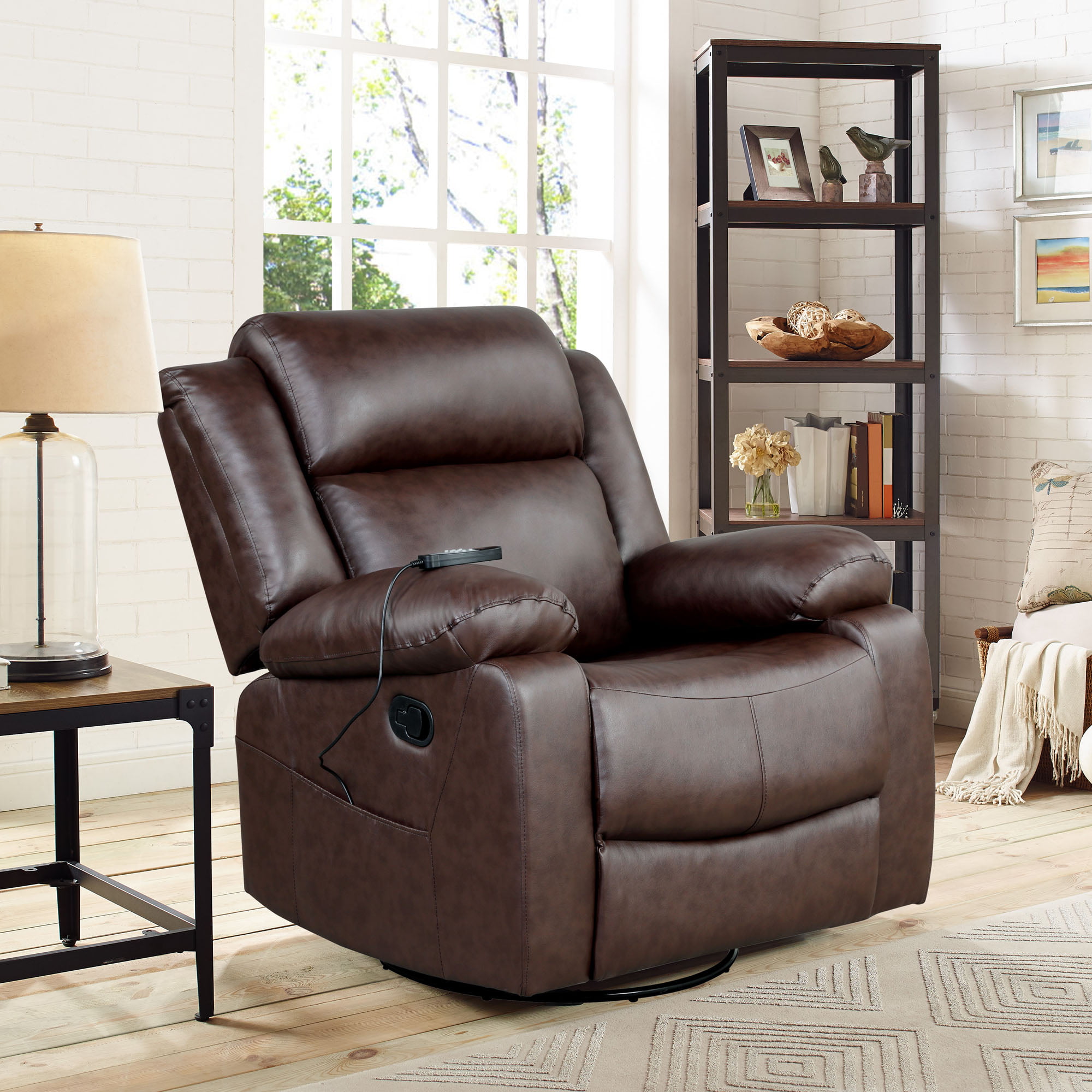Elm & Oak Maxima Standard Manual Swivel Recliner with Massage and Heat. Brown Faux Leather