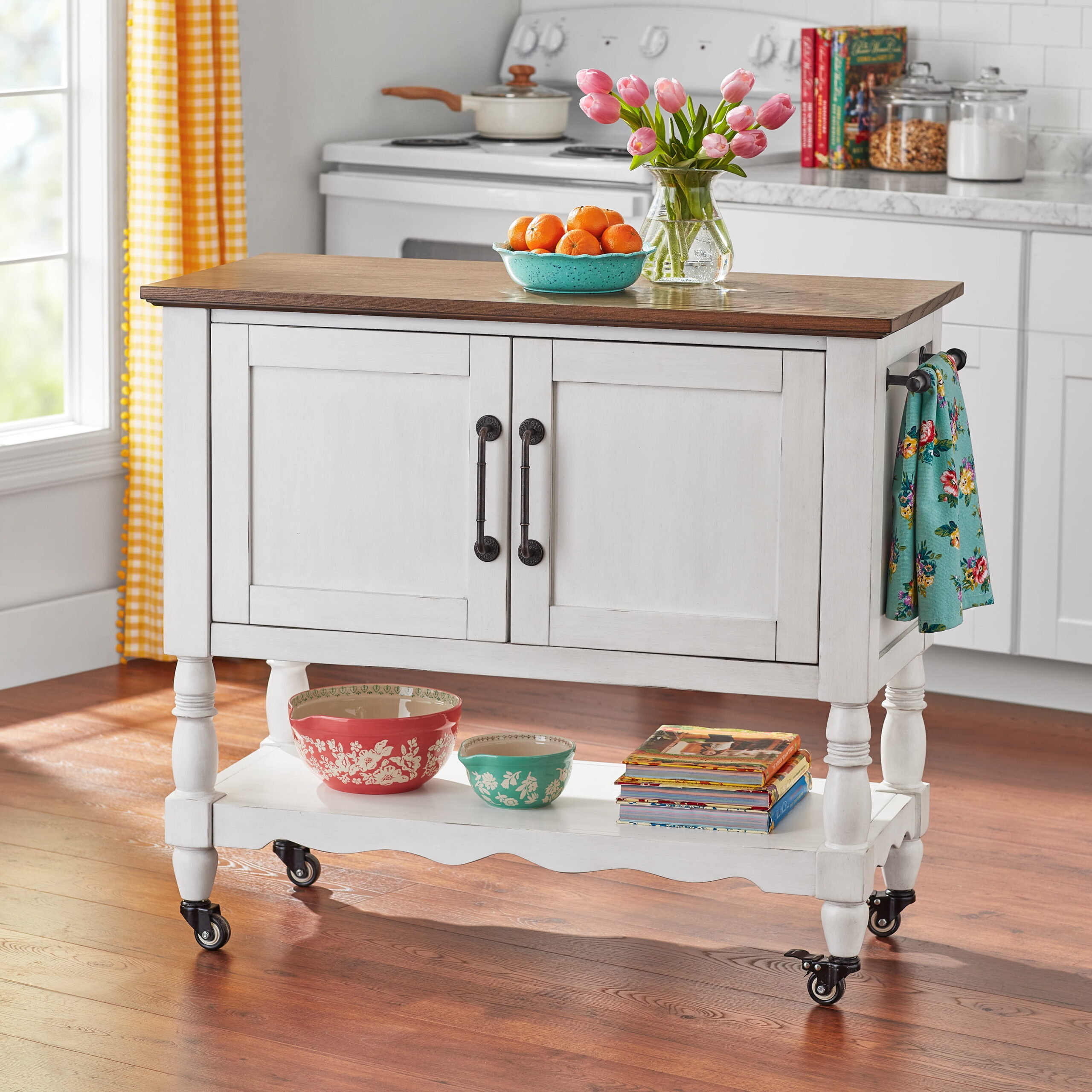 The Pioneer Woman Two-Tone Kitchen Cart Made With Solid Wood Frame. White