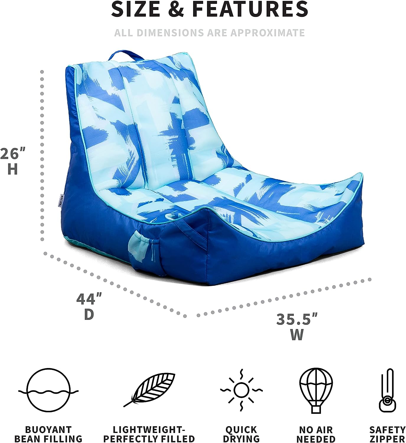 Big Joe Captain-s Float No Inflation Needed Pool Lounger with Drink Holder. Paintbrush Blue Double Sided Mesh. Quick Draining Fabric. 3 feet