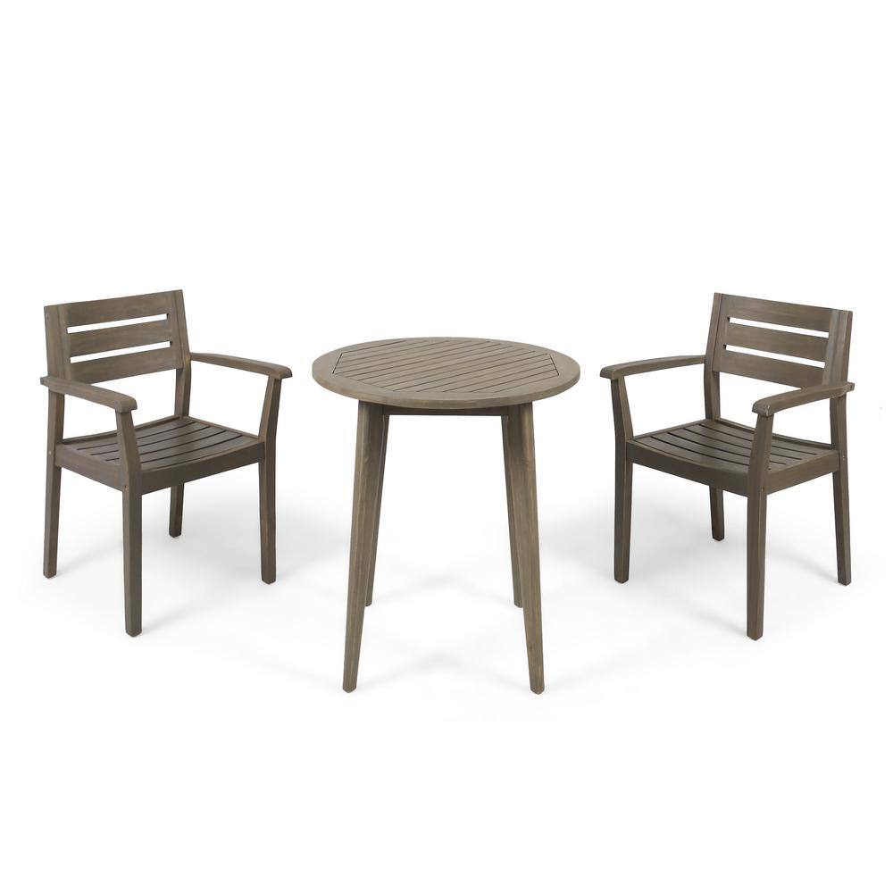 Noble House  Stamford Grey 3-Piece Wood Outdoor Bistro Set with Straight-Legged Table