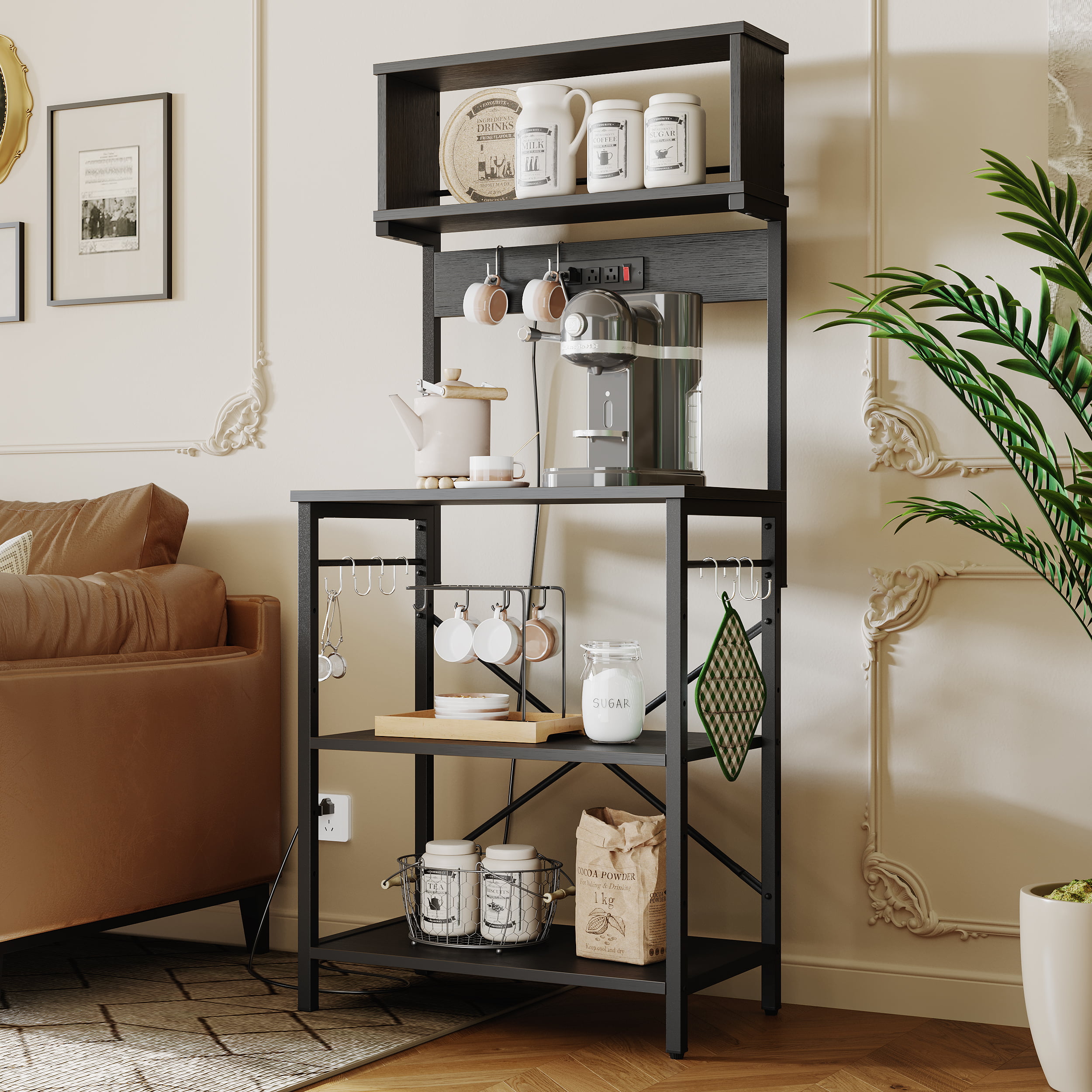 Bestier 60.3 inch 5-Tier Kitchen Bakers Rack with Power Outlets Wood Kitchen Rack in Black