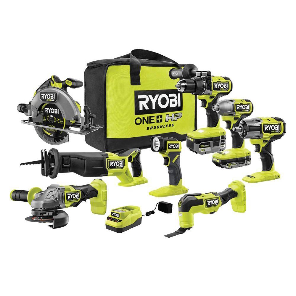 RYOBI PBLCK108K2 ONE+ HP 18V Brushless Cordless 8-Tool Combo Kit with 4.0 Ah and 2.0 Ah HIGH PERFORMANCE Batteries. Charger. and Bag