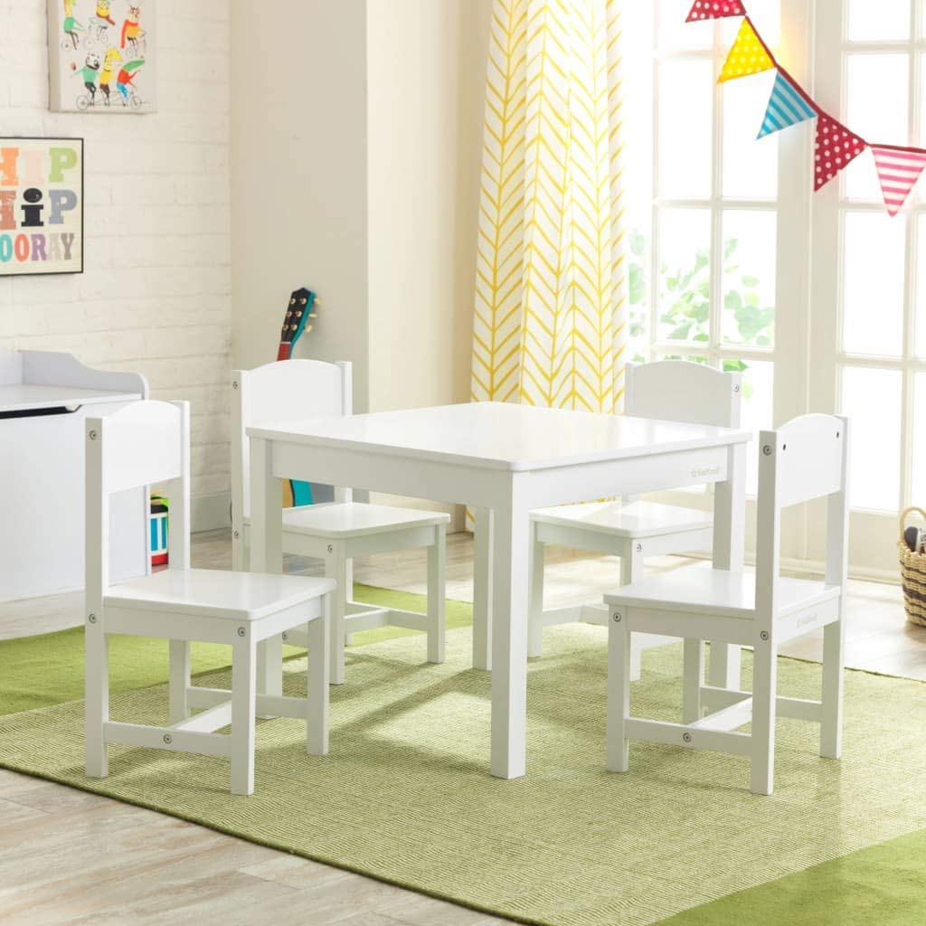 KidKraft Wooden Farmhouse Table & 4 Chairs Set. Children-s Furniture for Arts and Activity - White. Gift for Ages 3-8