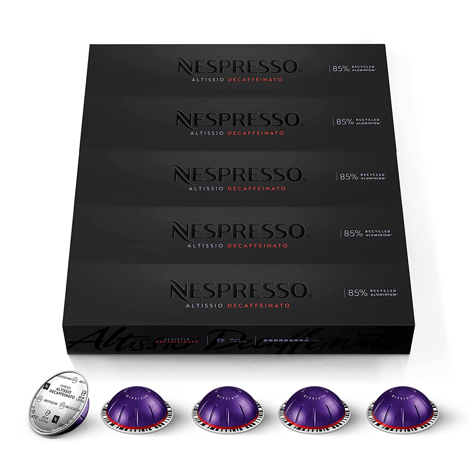 Nespresso Capsules VertuoLine. Altissio Decaffeinato. Dark Roast Espresso. 50 Count Espresso Coffee Pods. Brews 1.35 Ounce (VERTUO ONLY)