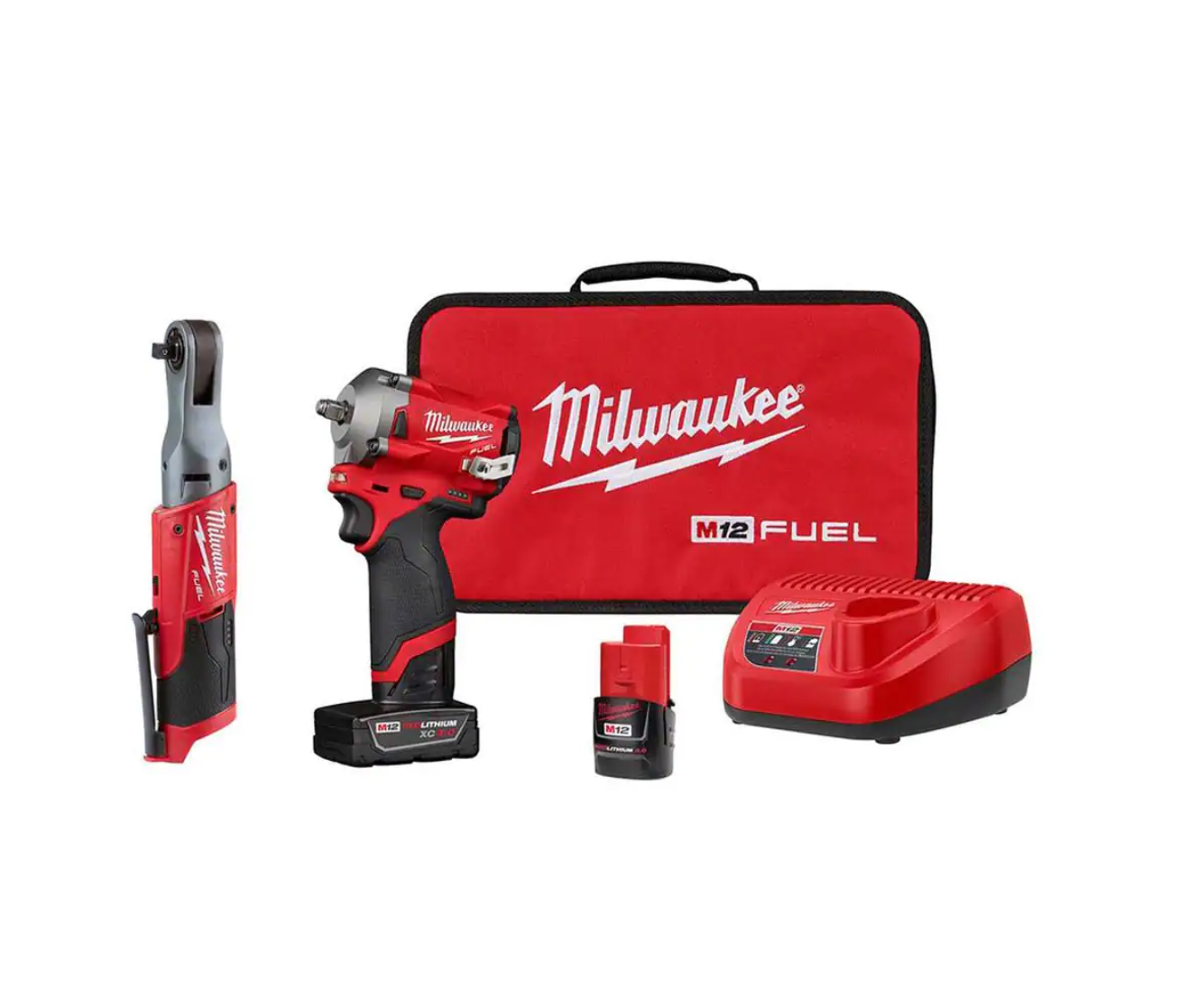 Milwaukee 2554-22-2557-20 M12 FUEL 12V Lithium-Ion Brushless Cordless Stubby 3/8 in. Impact Wrench & Ratchet Combo Kit (2-Tool)