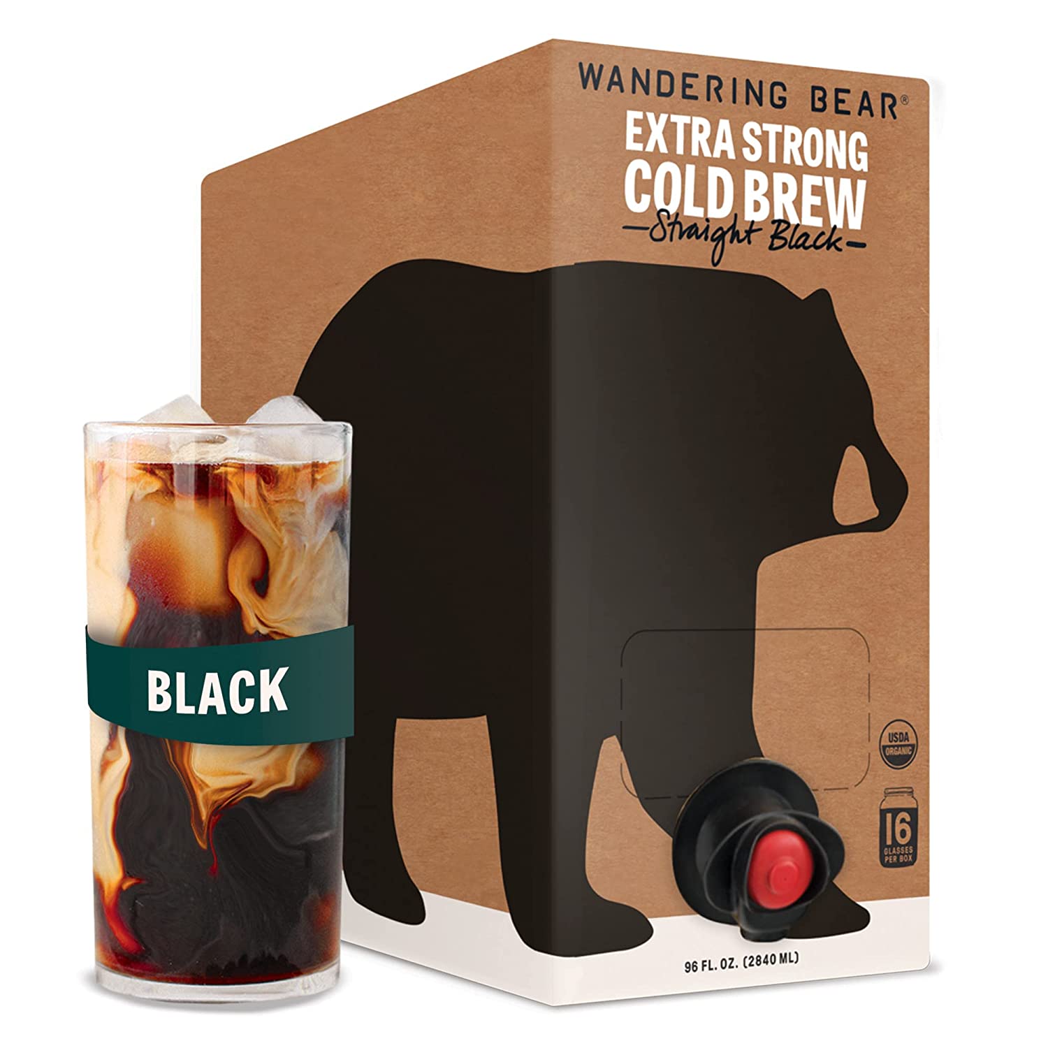 Wandering Bear Organic Straight Black Cold Brew Coffee On Tap. 96 fl oz - Extra Strong. Smooth. Unsweetened. Shelf-Stable. and Ready to Drink Iced Coffee. Cold Brewed Coffee. Cold Coffee